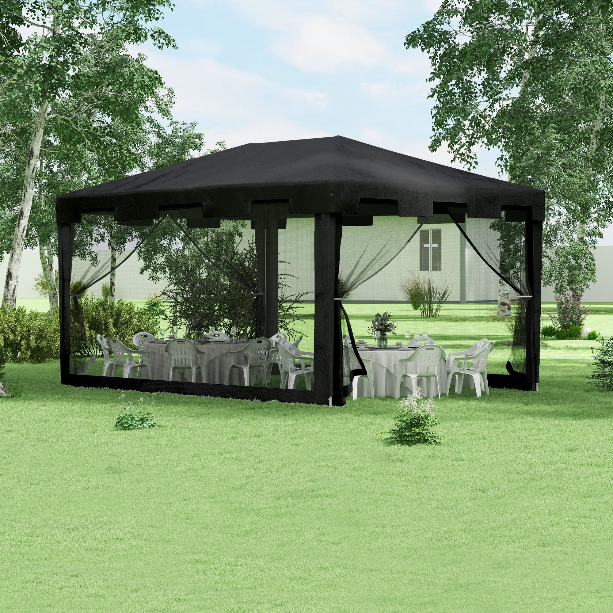 OKWISH Gerätezelt 395x295x255 cm in Dunkelgrau aus Metall & PE mit Netz-Seitenwänden, (Packung, 1 tlg., Ideal für Feste & Veranstaltungen, wetterfest & stabil), Gartenpavillon & Partyzelt für Balkon, Terrasse & Garten – für Feste