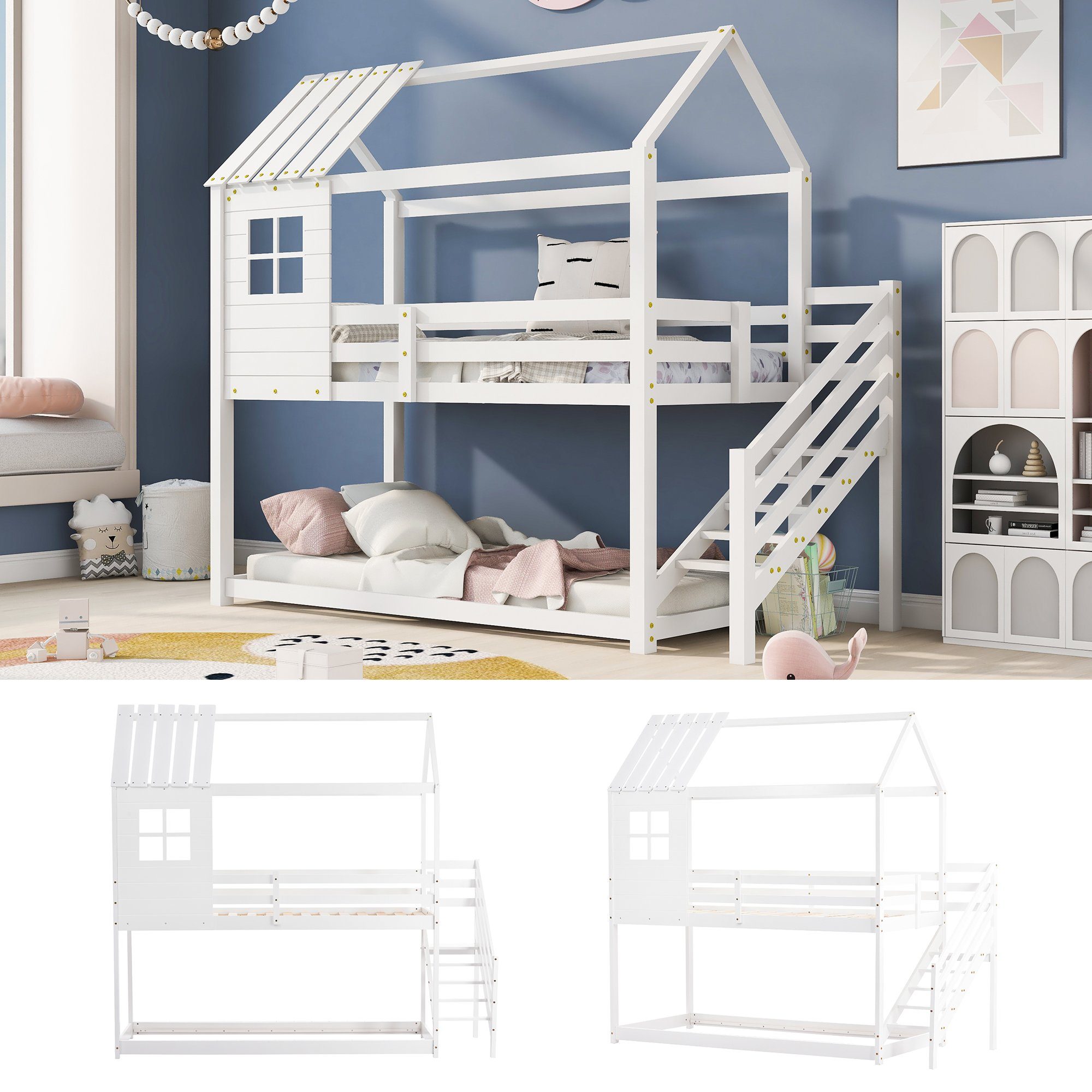 Kinderbett Kiefer Ulife | 90x200cm Treppe Fenster, aus Weiß Weiß Etagenbett Hausbett mit Weiß Hochbett mit