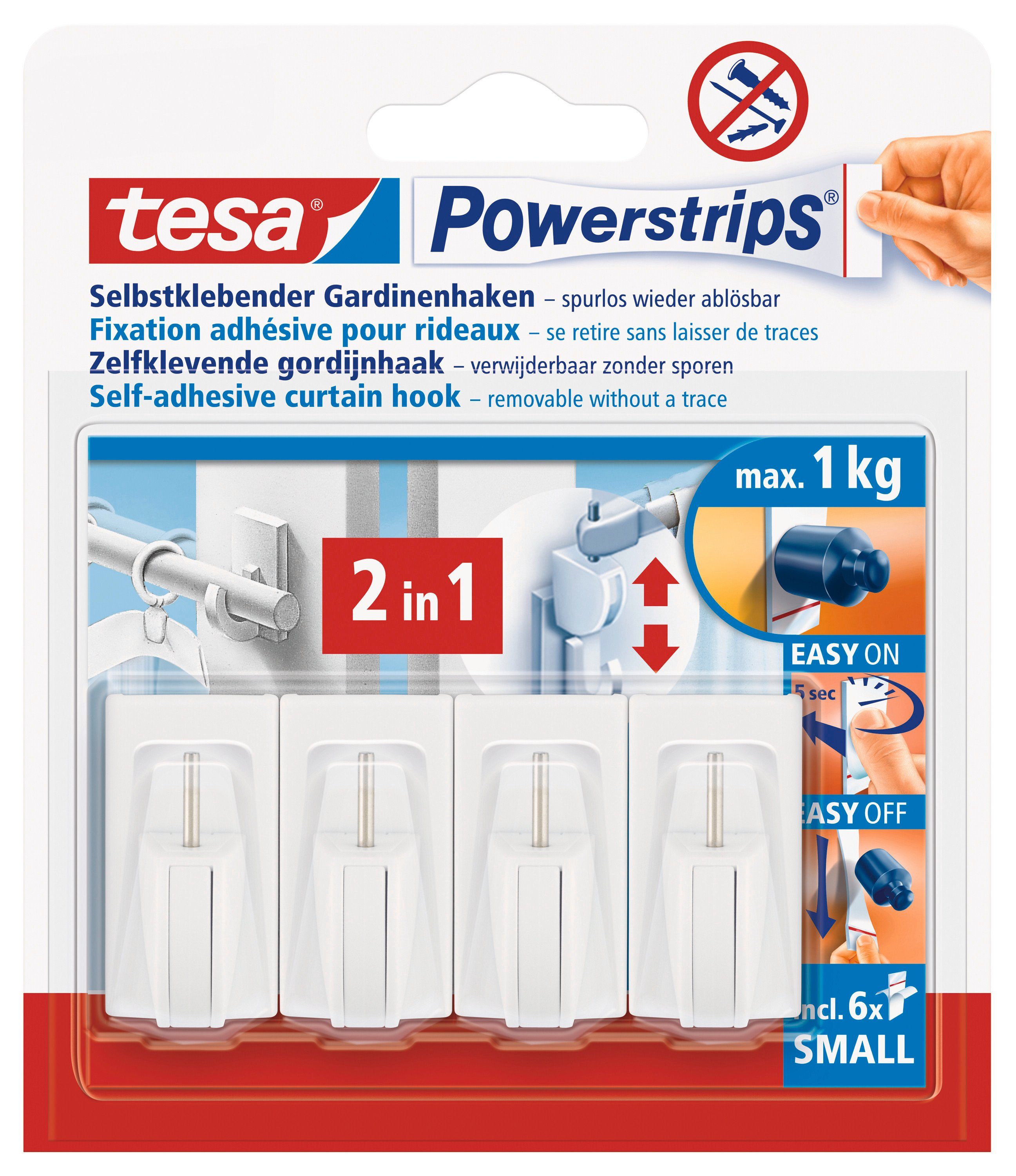 tesa Klebehaken Powerstrips Gardinenhaken, Gardinen, (Packung, 1-St., Haken, Powerstrip), Stripes selbstklebend - Haken für Gardinen - je max. 1 kg