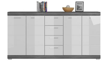 xonox.home Sideboard Scout (Kommode weiß Hochglanz und grau Rauchsilber, 165 x 85 cm), 4 Schubladen, 12 Fächer