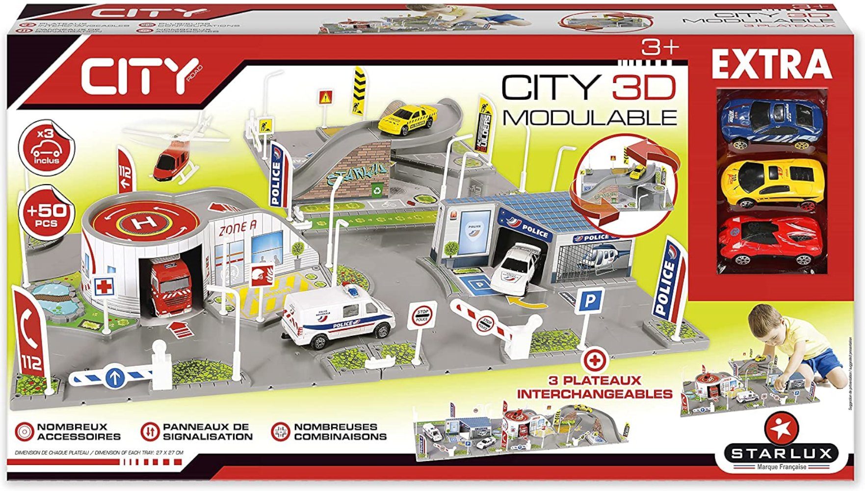 STARLUX Spielfahrzeug-Erweiterung City Autorennbahn Feuerwehr Polizei Brücke Rampe 3 Fahrzeuge