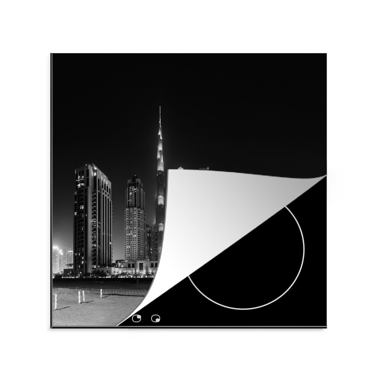 MuchoWow Herdblende-/Abdeckplatte Dubai - Skyline - Schwarz - Weiß, Vinyl, (1 tlg), 78x78 cm, Ceranfeldabdeckung, Arbeitsplatte für küche