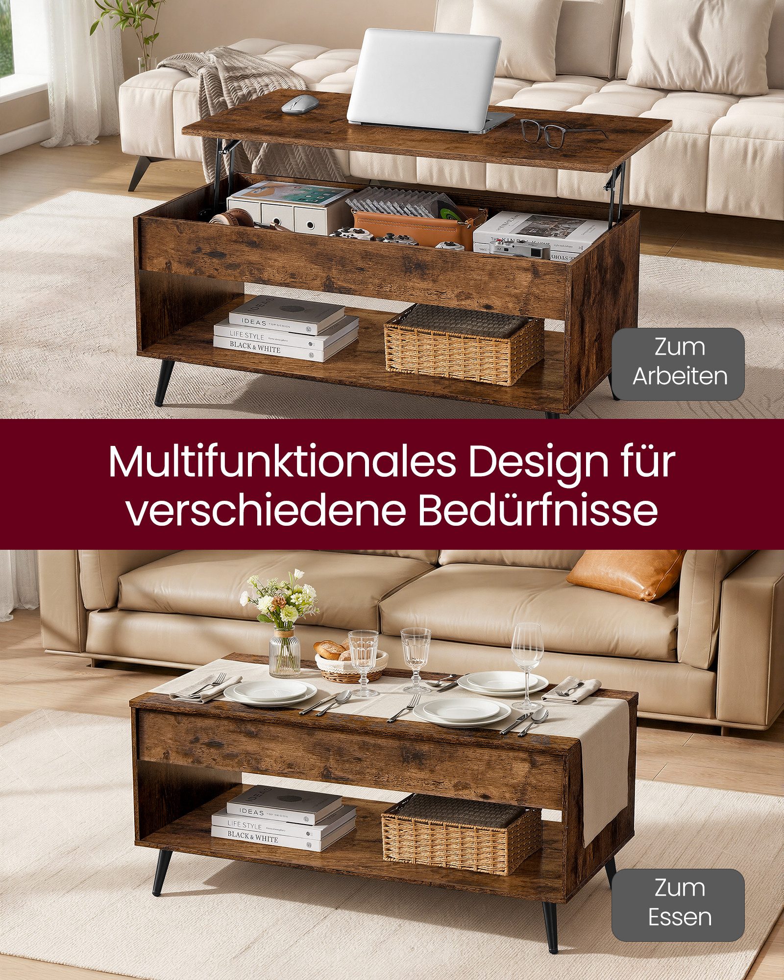 VASAGLE Couchtisch höhenverstellbarer Wohnzimmertisch, für Wohnzimmer, Homeoffice (inkl. Zubehörpaket & Anleitung, aufklappbar), Kaffeetisch, Gaszylinder, verst – Bild 4 von 5