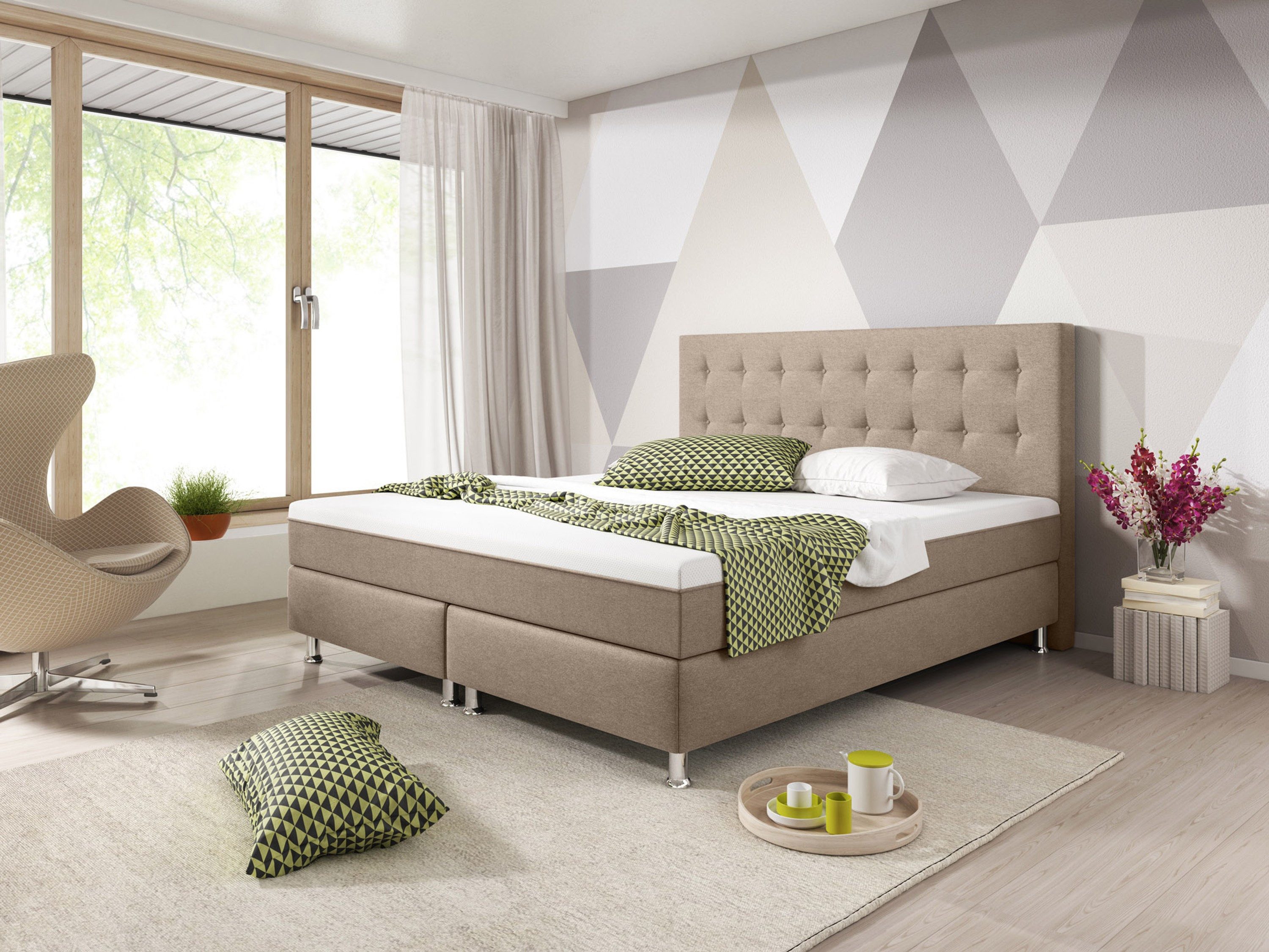 interbed Boxspringbett 180x200 Taschenfederkern H3, gepolstertes Kopfteil, Komfortbett (Spar-Set, Komplettes Set), SOFORT LIEFERBAR