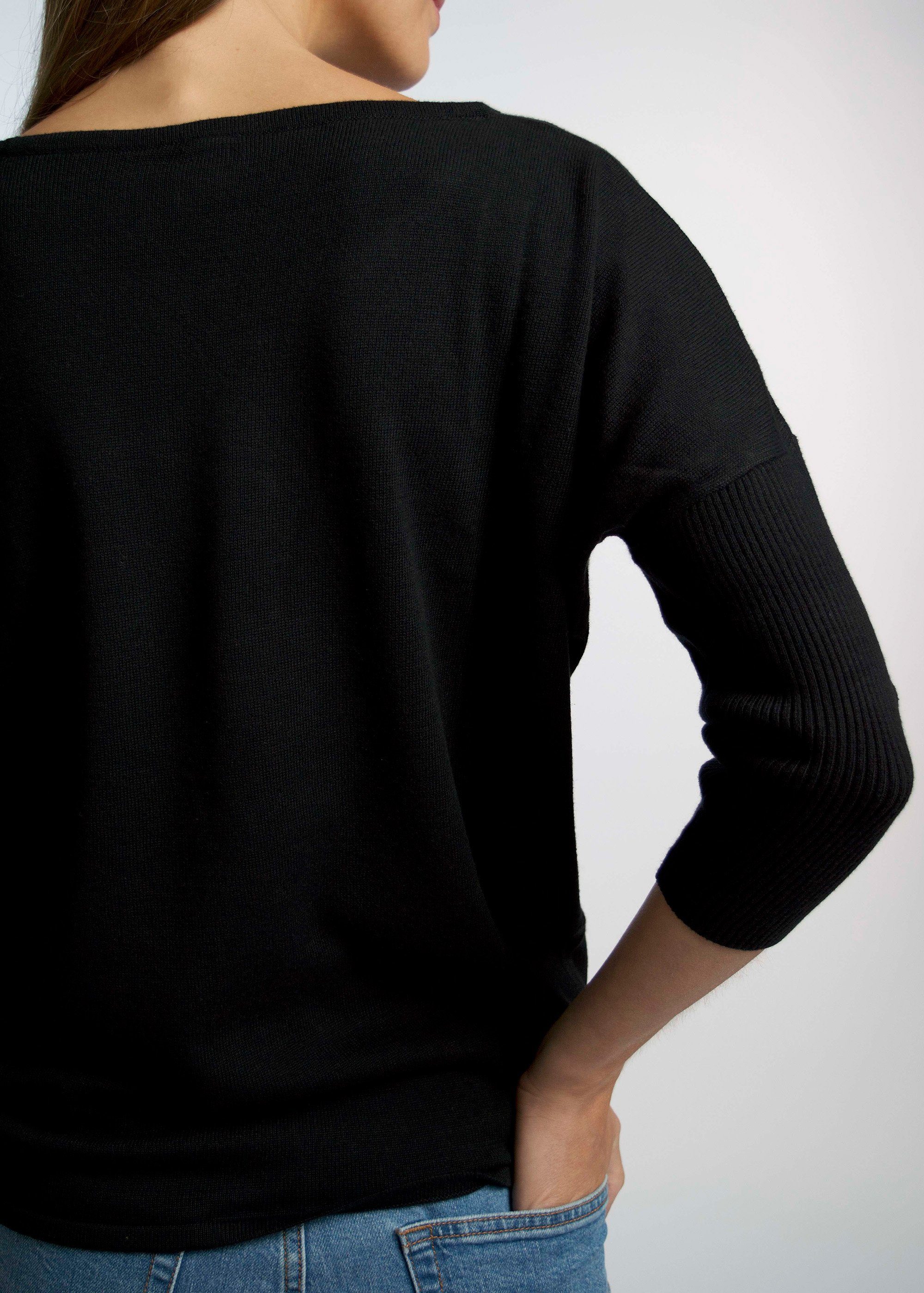 aus zertifizierter HONEST Arm-Pullover aus Strick OCS leichtem BASICS Black 3/4 Bio-Baumwolle