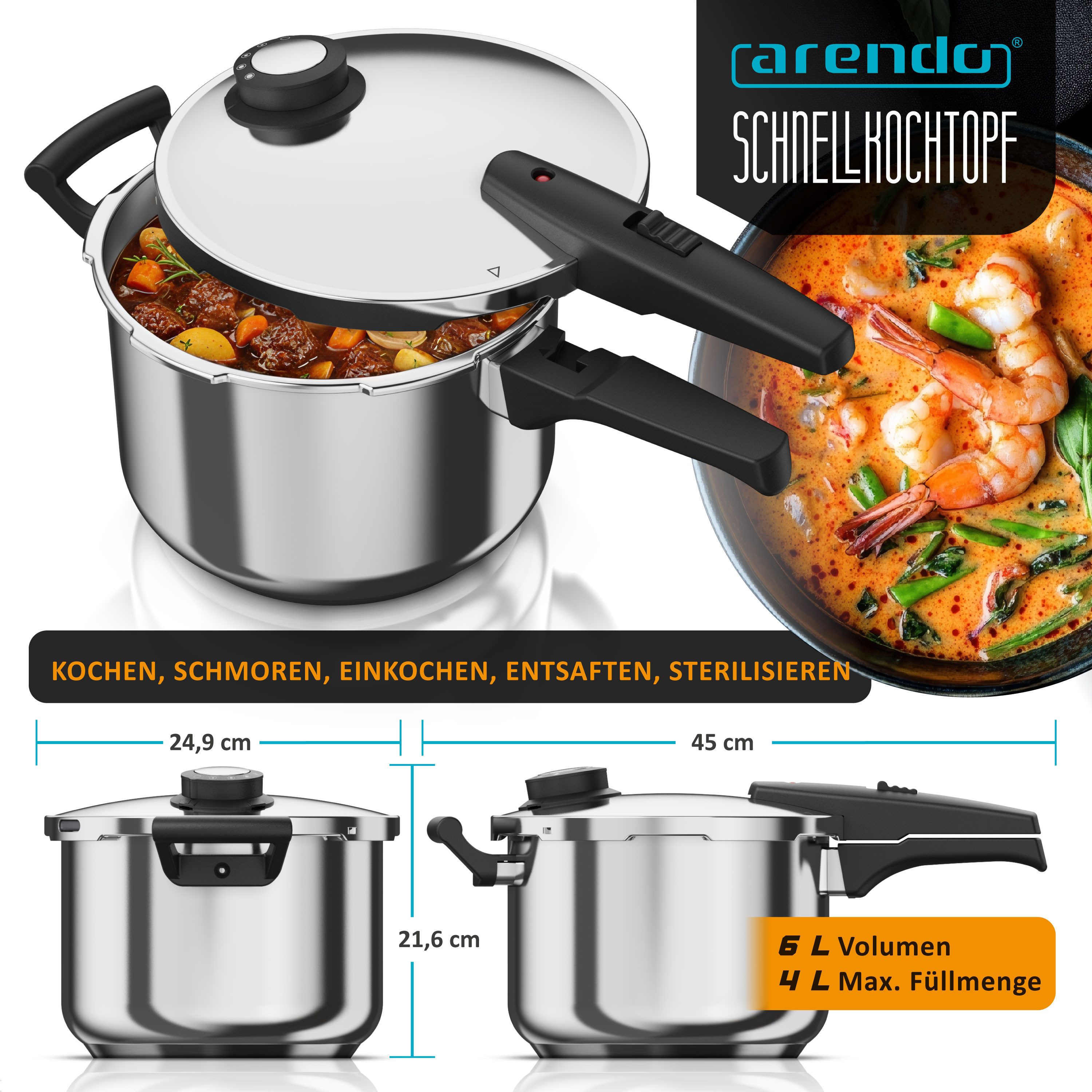 Arendo Schnellkochtopf Edelstahl Dampfkochtopf 6 Liter mit Sicherheitssystem, 5 Kochvarianten, Edelstahl (1-tlg), Dampfgaren, Einkochen, Für Induktionsherde, Gasherde und Ceranfelder