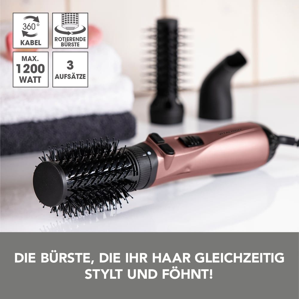 VITALmaxx Elektrohaarbürste Stylingbürste mit 3 Aufsätze, Lockenstab, Föhn & Glätteisen in einem, Hair Curler Locken Styler Lockenstab 3 Heizstufen Kaltluftfunktion