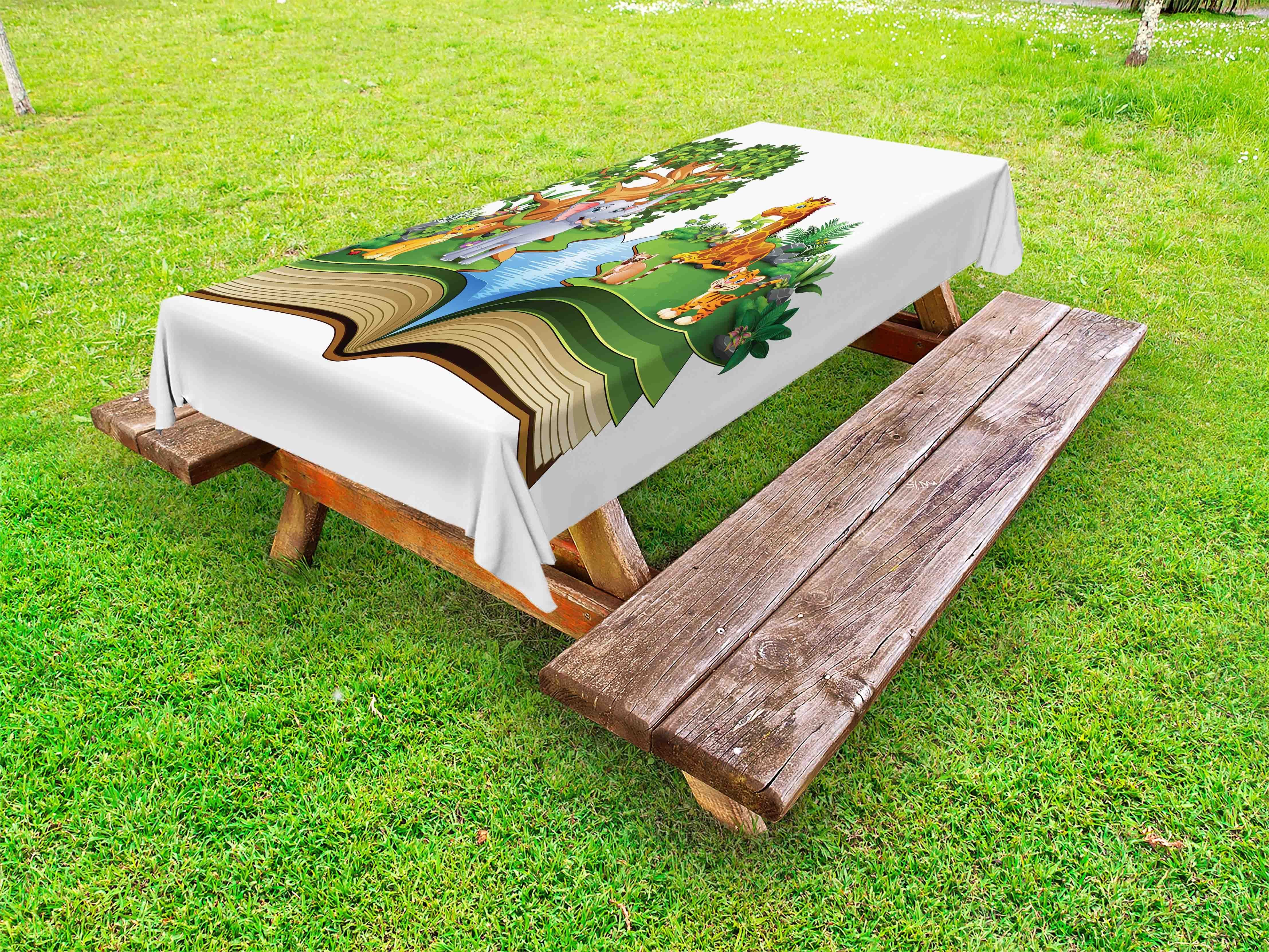 Abakuhaus Tischdecke dekorative waschbare Picknick-Tischdecke, Löwe Open Book mit Lächeln Tiere