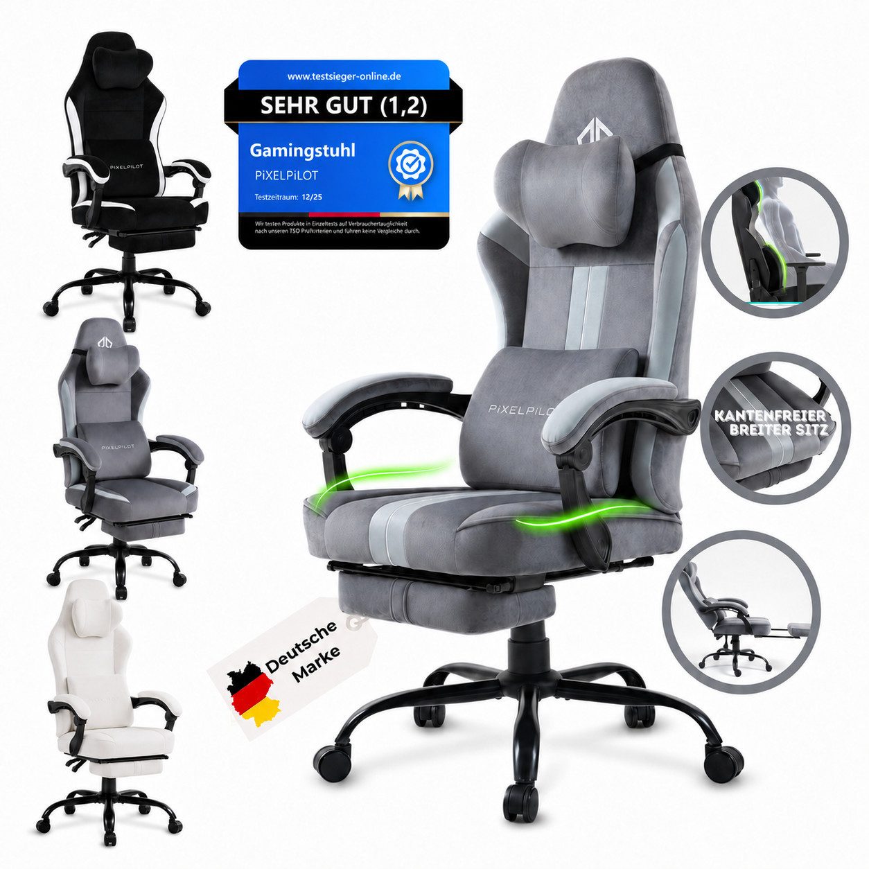 PixelPilot Gaming-Stuhl Ergonomischer Gaming-Stuhl, breite Sitzfläche, Fußstütze, bis 150 kg, Atmungsaktiver Stoff, Ergonomisches Design