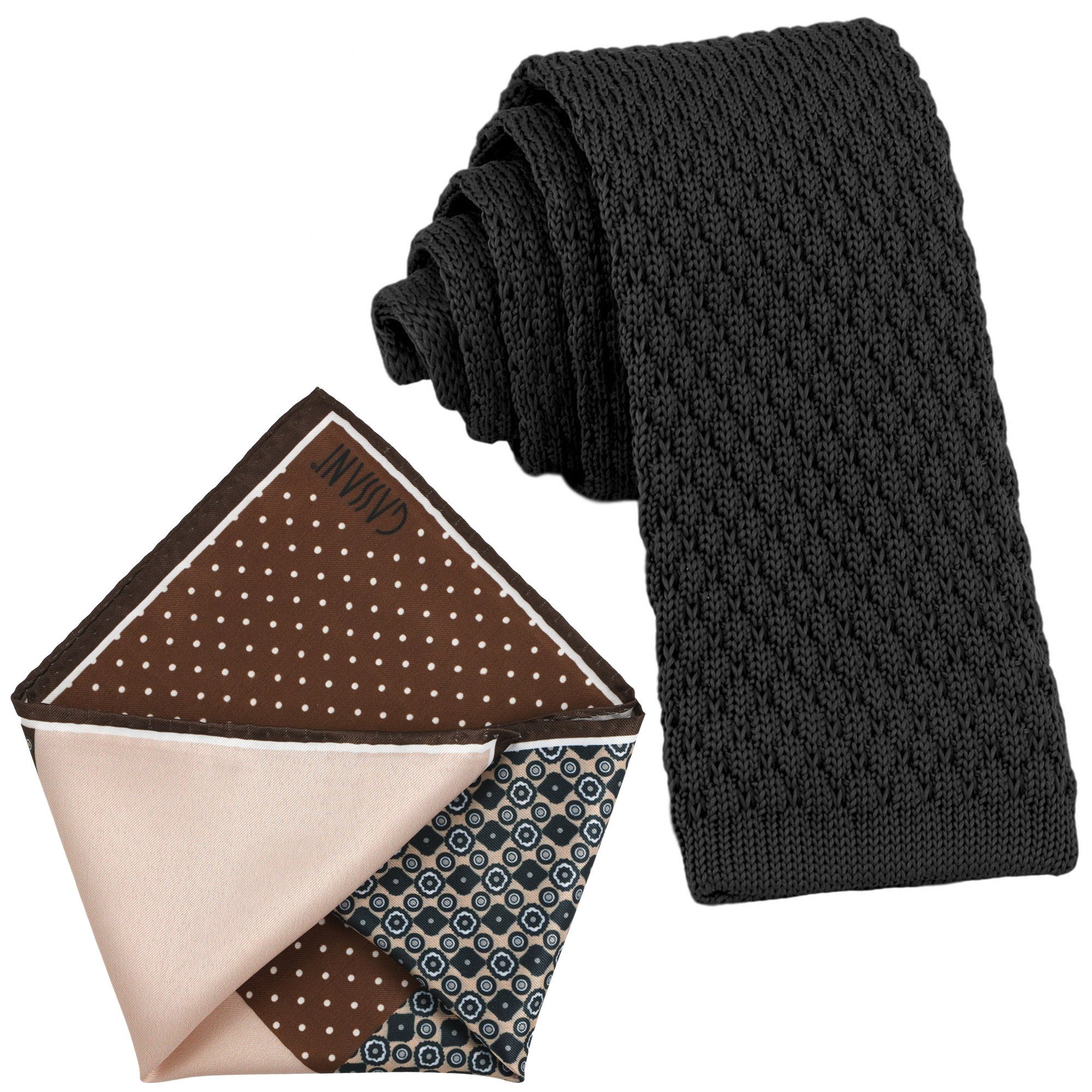 GASSANI Krawatte Herren-Krawatte Strick-Krawatte Uni, z. Anzug Schmal Slim, Rhomben (Set, 2-St., Wollkrawatte, Gestrickt, Einstecktuch, Paisley, Gemustert, Punkte, Gepunktet) Woll-Schlips Kavalierstuch Dots Pünktchen Rauten Blumen, Seide Touch