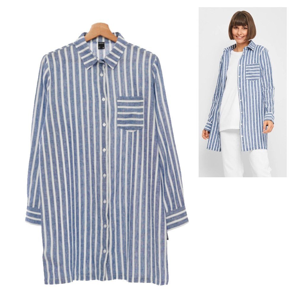 4F Langarmshirt Outhorn - Damen Leinen Hemd Baumwollhemd gestreift, weiß blau. Reduzierter Preis € 14,99. Unverbindliche Preisempfehlung € 49,95