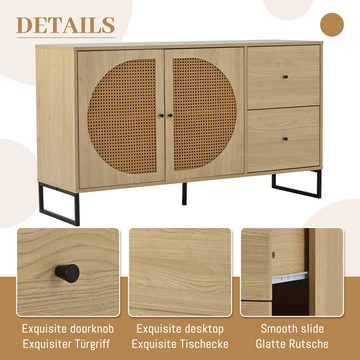 Powerwill Sideboard Sideboard mit 2 Rattan verzierten Türen und 2 Schubladen Kommode (Küchenschrank, Mehrzweckschrank, Highboard mit Metallgriffe), für Schlafzimmer & Wohnräume & Büro