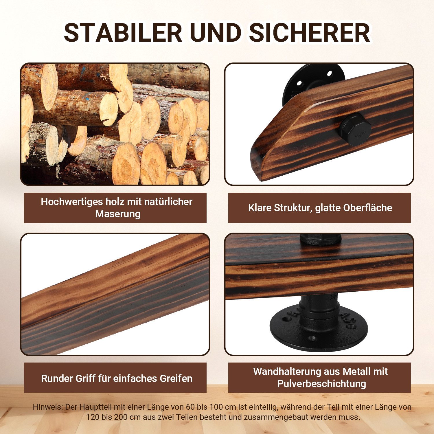 Clanmacy Handlauf Buche Handlauf 60cm Geländer mit 2 Halter Halterung verschiedene, 60 cm Gesamtlänge, (Wandhandlauf Wandhalterung Innen & Außen), Wandhandlauf  – Bild 3 von 5