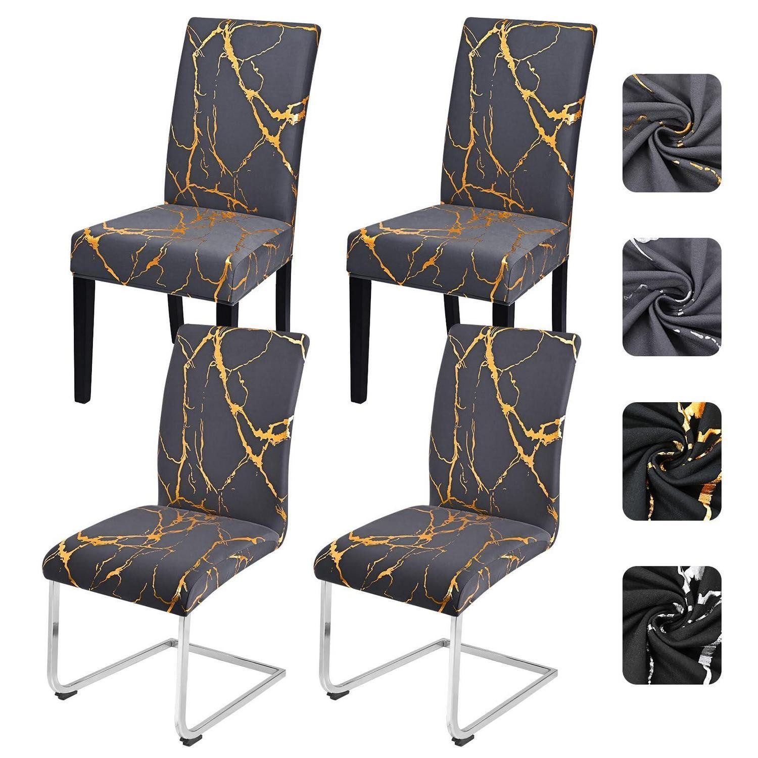 LuxusKollektion Stuhlbezug Stuhlhussen 4erSet Stretch Waschbar Dunkelgrau mit Gold 4er Set