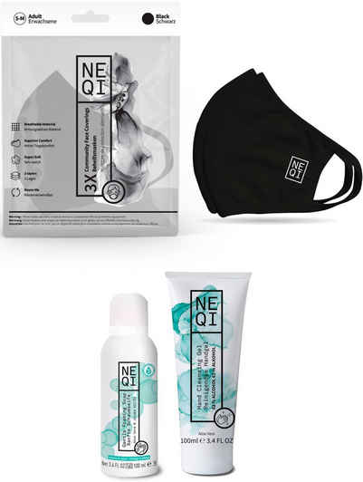 NEQI Mund-Nasen-Maske, Set, 3-teilig, inkl. feuchtigkeitsspendende Handseife und Handreinigungsgel