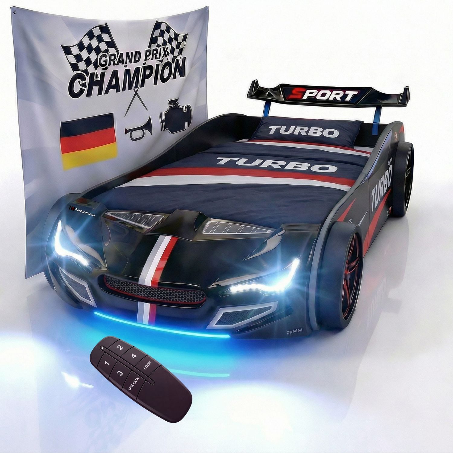 Coemo Autobett GTE (1-tlg., Komplett-Set Bett und Lattenrost), Schwarz Autobett Rennwagen GTE mit Lattenrost Licht Motorgeräusche