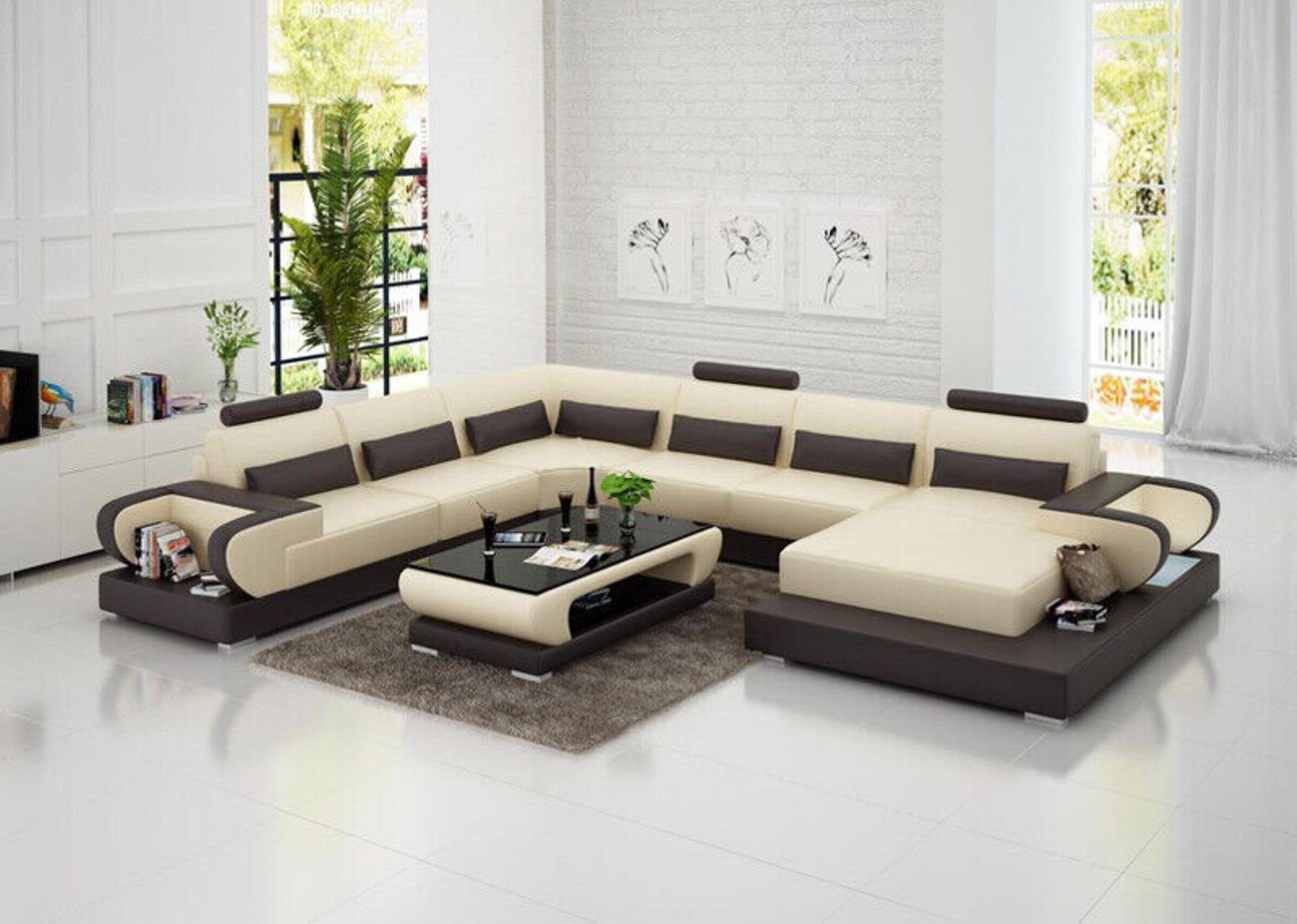 JVmoebel Ecksofa Ledersofa Couch Wohnlandschaft Ecksofa Eck Garnitur Design Modern Sofa Beige