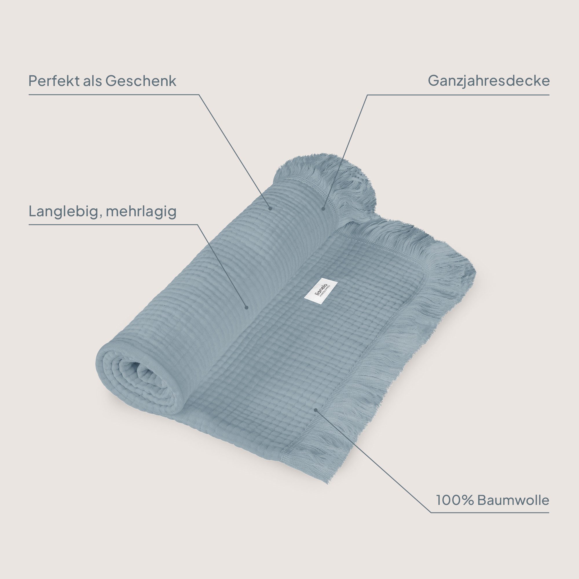 Kinderdecke MUSLIN BLANKET, lionelo, 6 Lagen/100% Baumwolle/ganzjährig/weicher Musselin/Fransen