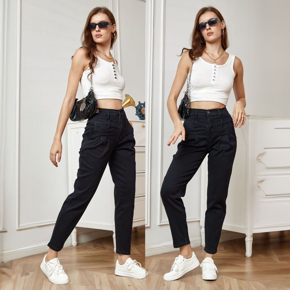 Ital-Design Slouchy Jeans Damen Freizeit Lagenlook Stretch High Waist Jeans in Schwarz
