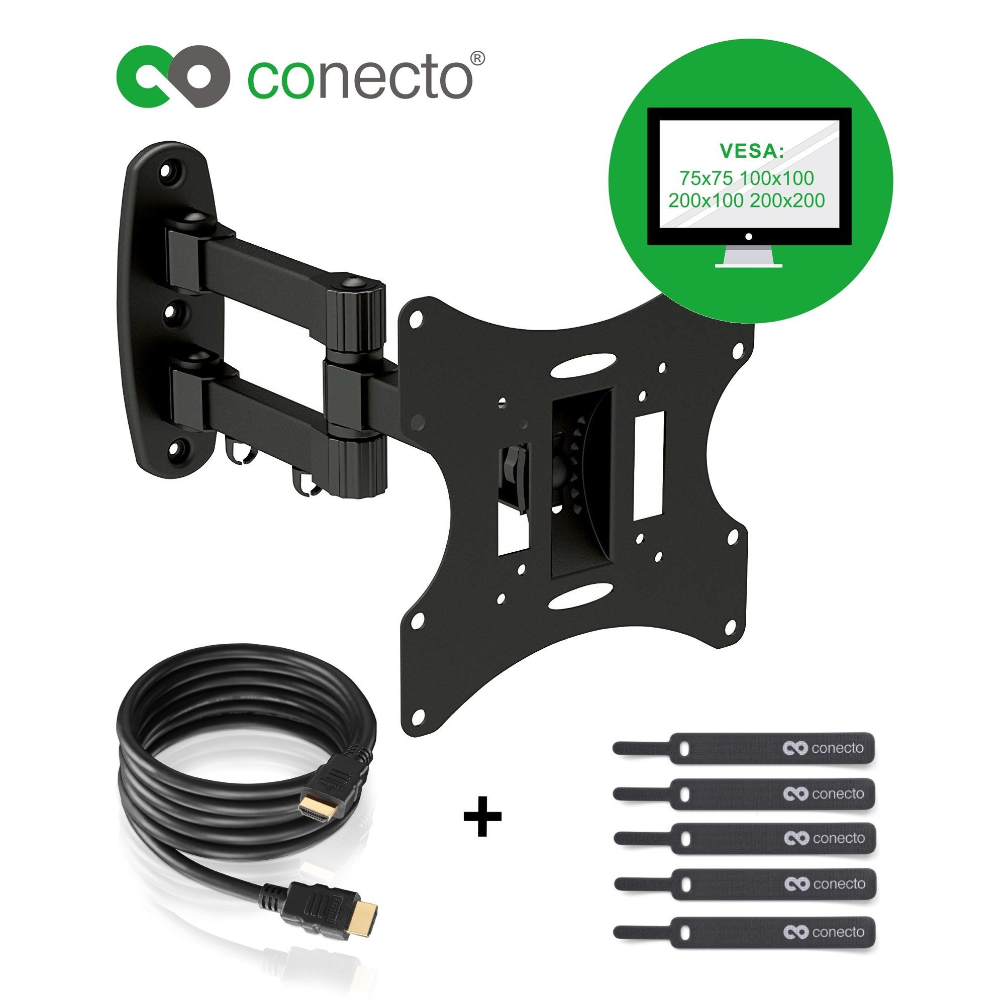 conecto TV-Wandhalterung TV Wandhalter für LCD LED Fernseher & Monitor, (bis 42 Zoll, inklusive HDMI-Kabel und Klett-Kabelbinder, schwenkbar, neigbar, ausziehbar)