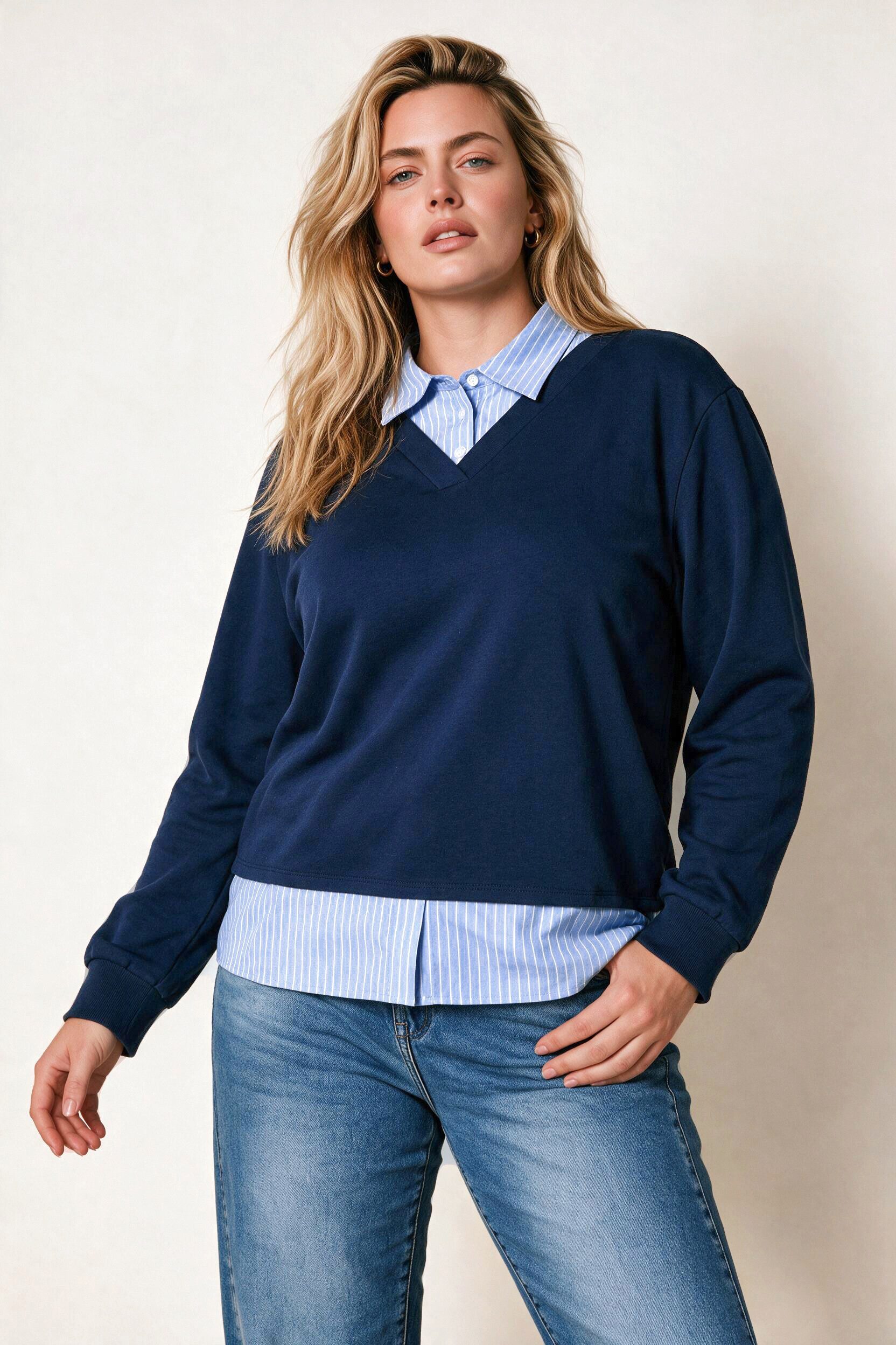 Ulla Popken Sweatshirt Sweatshirt Lagenoptik V-Ausschnitt Langarm – Bild 2 von 5