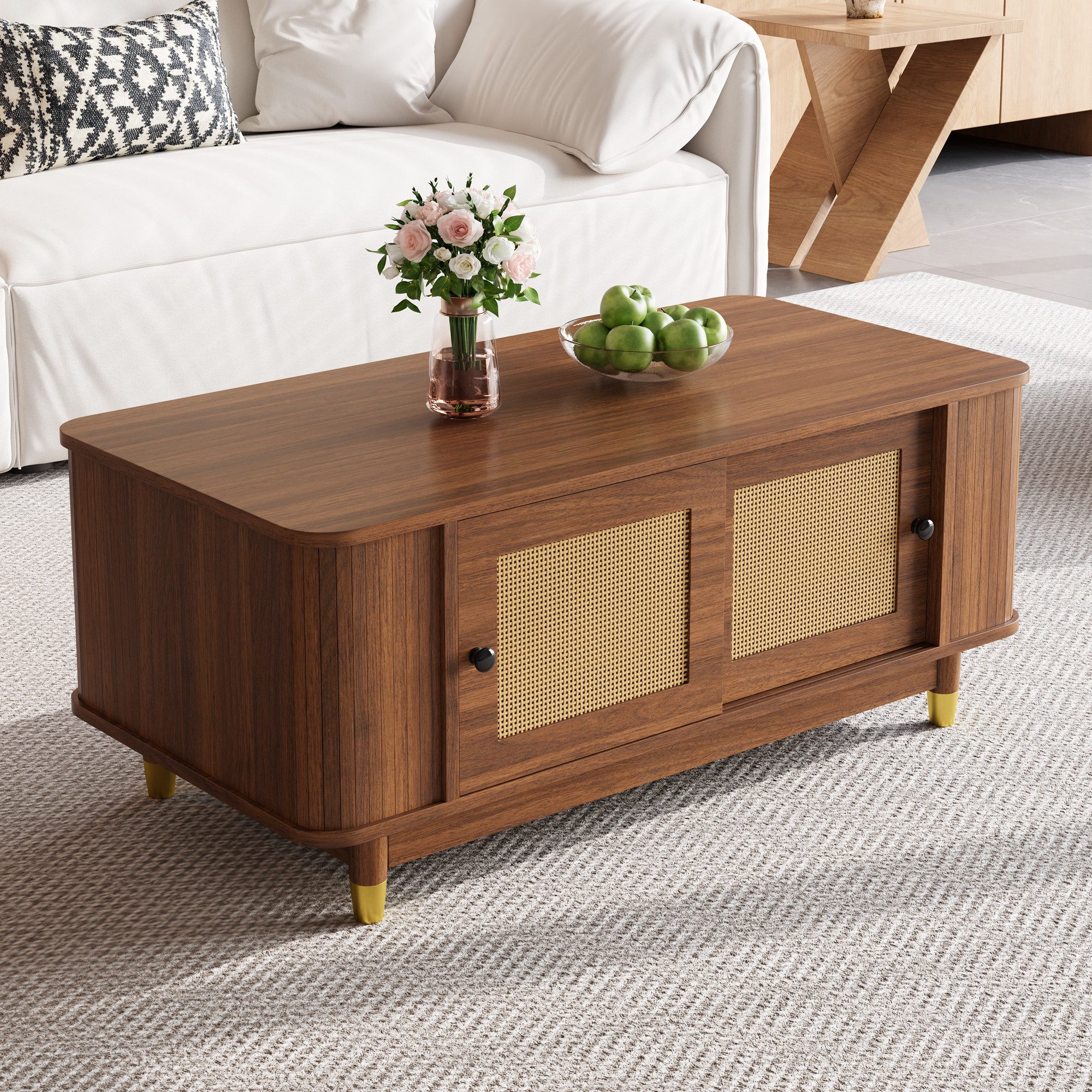 BlingBin Couchtisch Kaffeetisch mit Rattan-Schiebetüren, Wohnzimmertisch - 100*50*42cm (1er Set, 1-St., Gewichtskapazität: 40KG), Teetisch mit Stauraum & Abgerundete Ecken für Wohnzimmer, Holzoptik