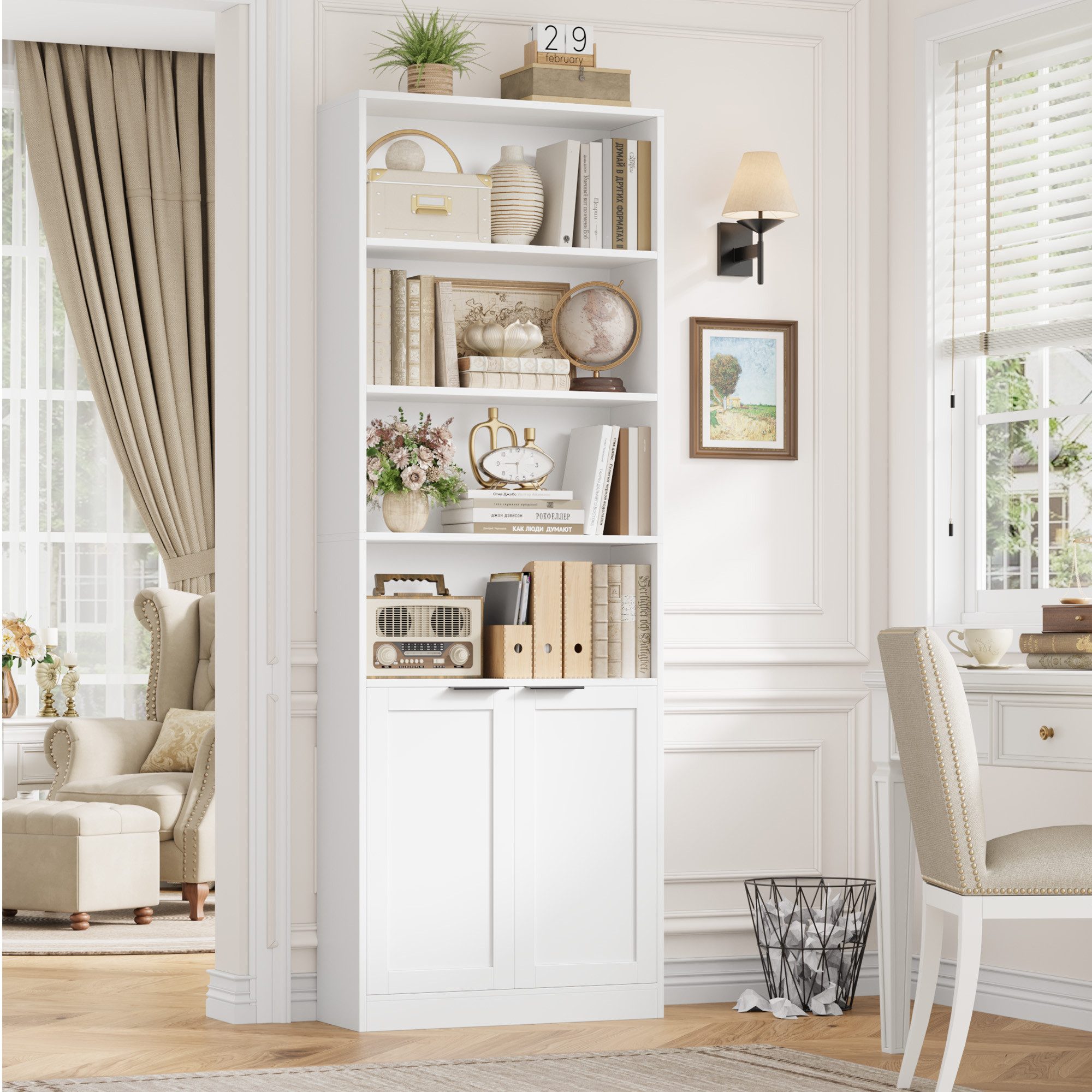 Homfa Bücherregal mit 6 Ebenen Bücherschrank Standregal mit Tür Eckregal weiß, Hochschrank, Billy Regal für Wohnzimmer Homeoffice, 67x24x186,4 cm