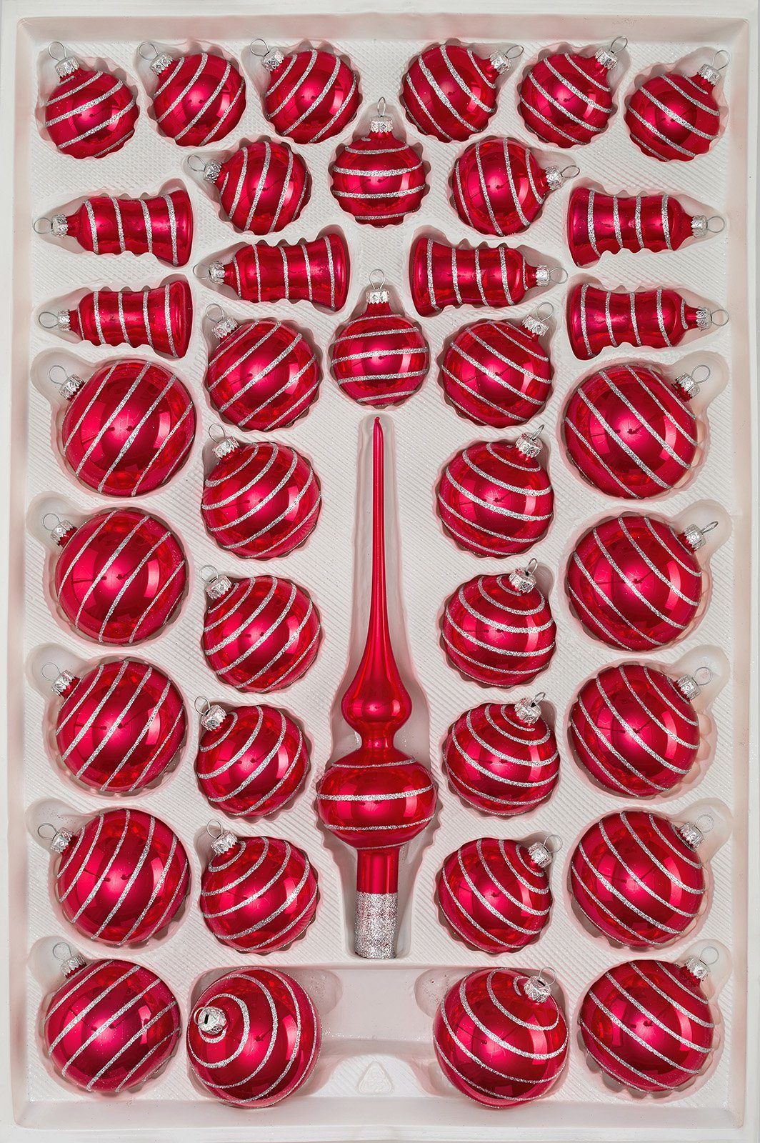 Navidacio Weihnachtsbaumkugel 39tlg. Glas-Weihnachtskugel Set "Hochglanz Rot Candy Silber-Spiralen"