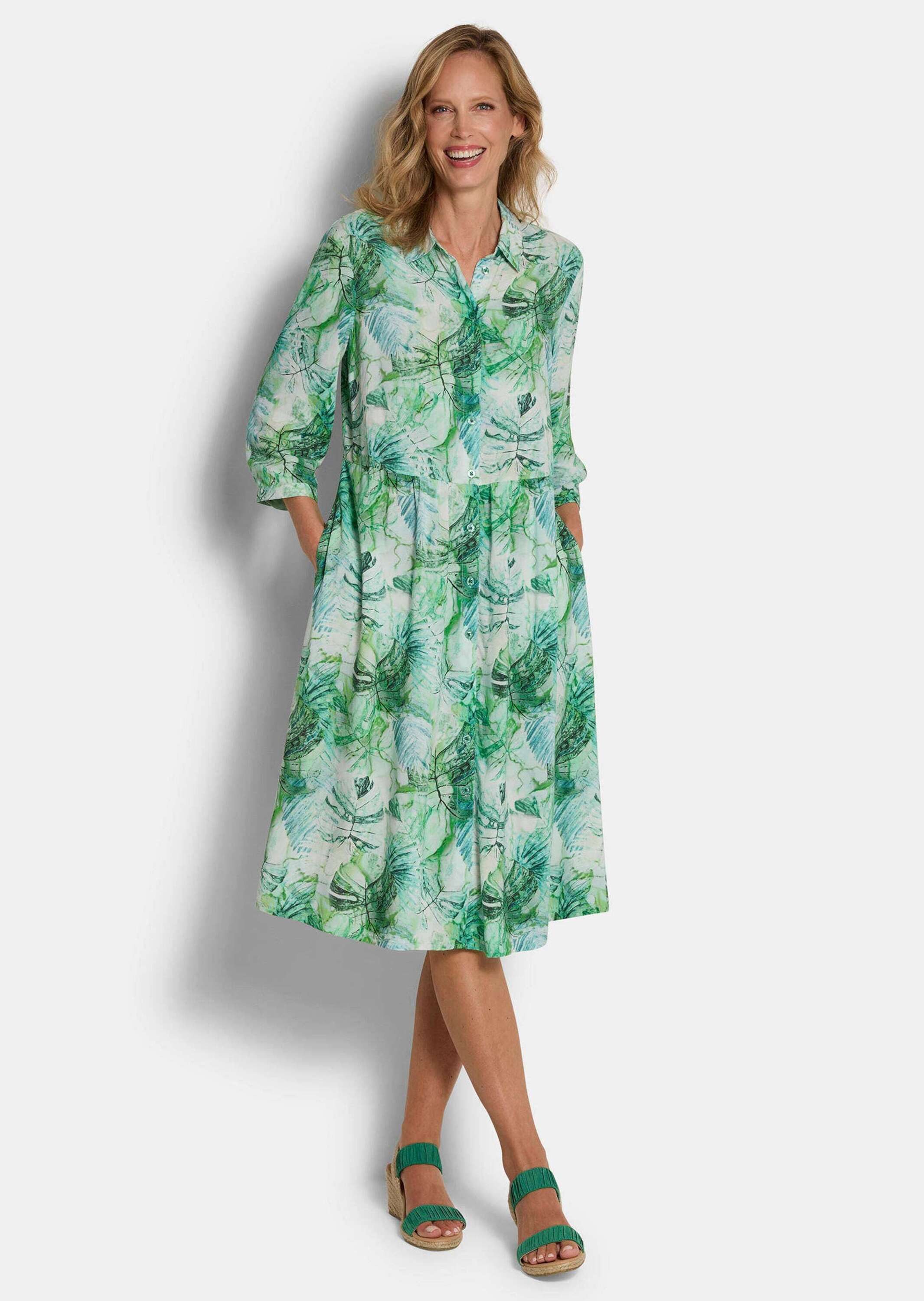 GOLDNER Druckkleid Midikleid mit Blätter-Druck Viskosekleid mit Hemdkragen, Knopfleiste, Knielänge und 3/4-Arm