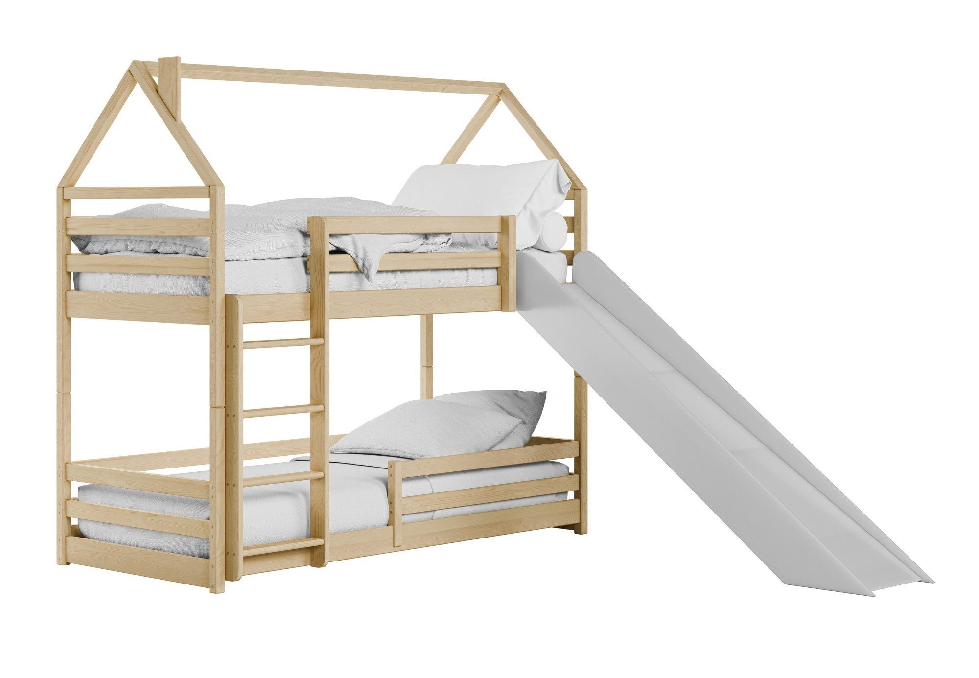 Kids Collective Hochbett mit Rutsche 90x200 cm, Hausbett, Etagenbett mit Rausfallschutz, Leiter Bodenbett Jugendbett Spielbett für 2 Kinder, Kinderzimmer Kiefer natur