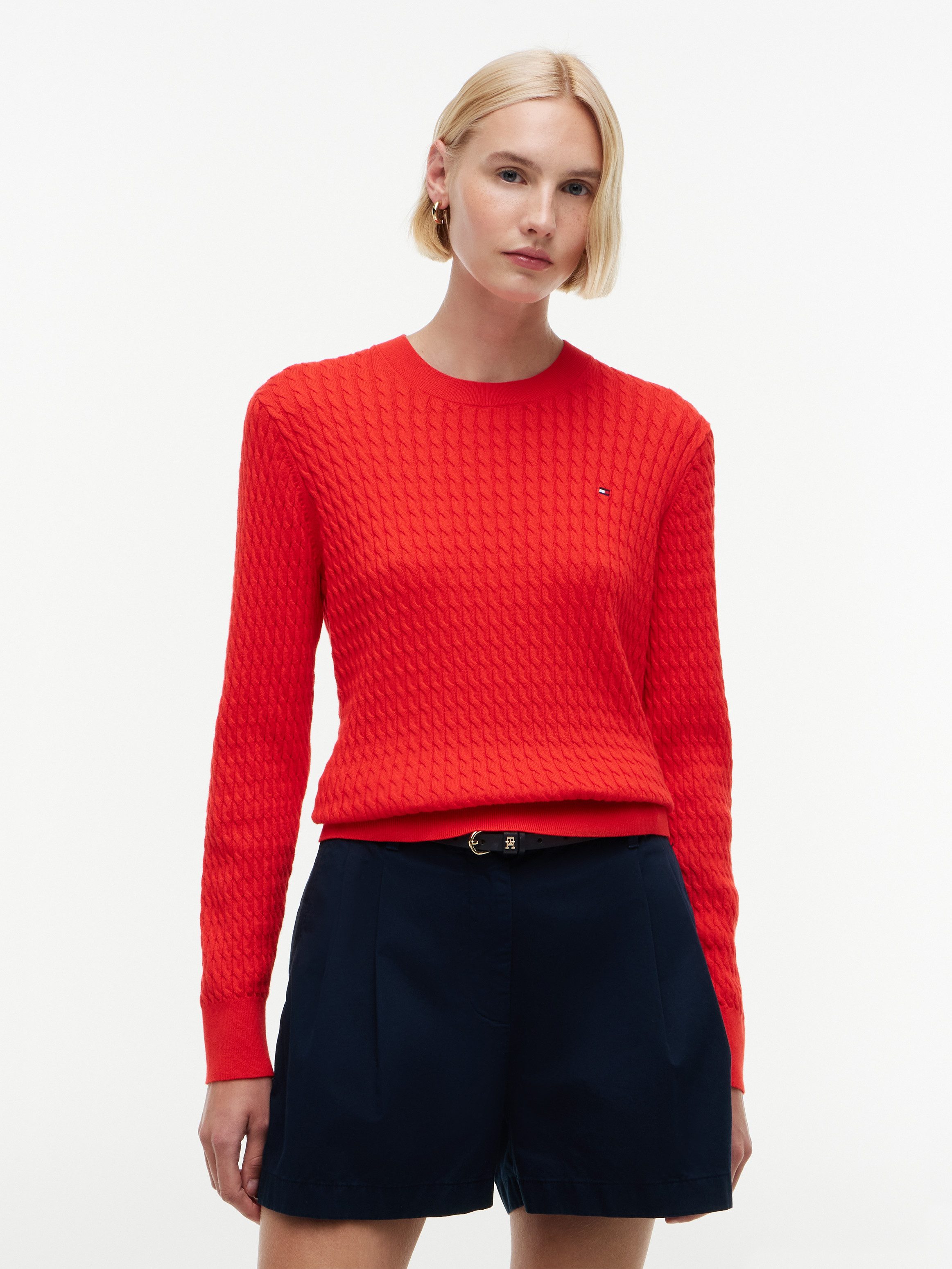 Tommy Hilfiger Rundhalspullover CO CABLE C-NK LS SWEATER Baumwolle, mit Zopfmuster, Regular Fit