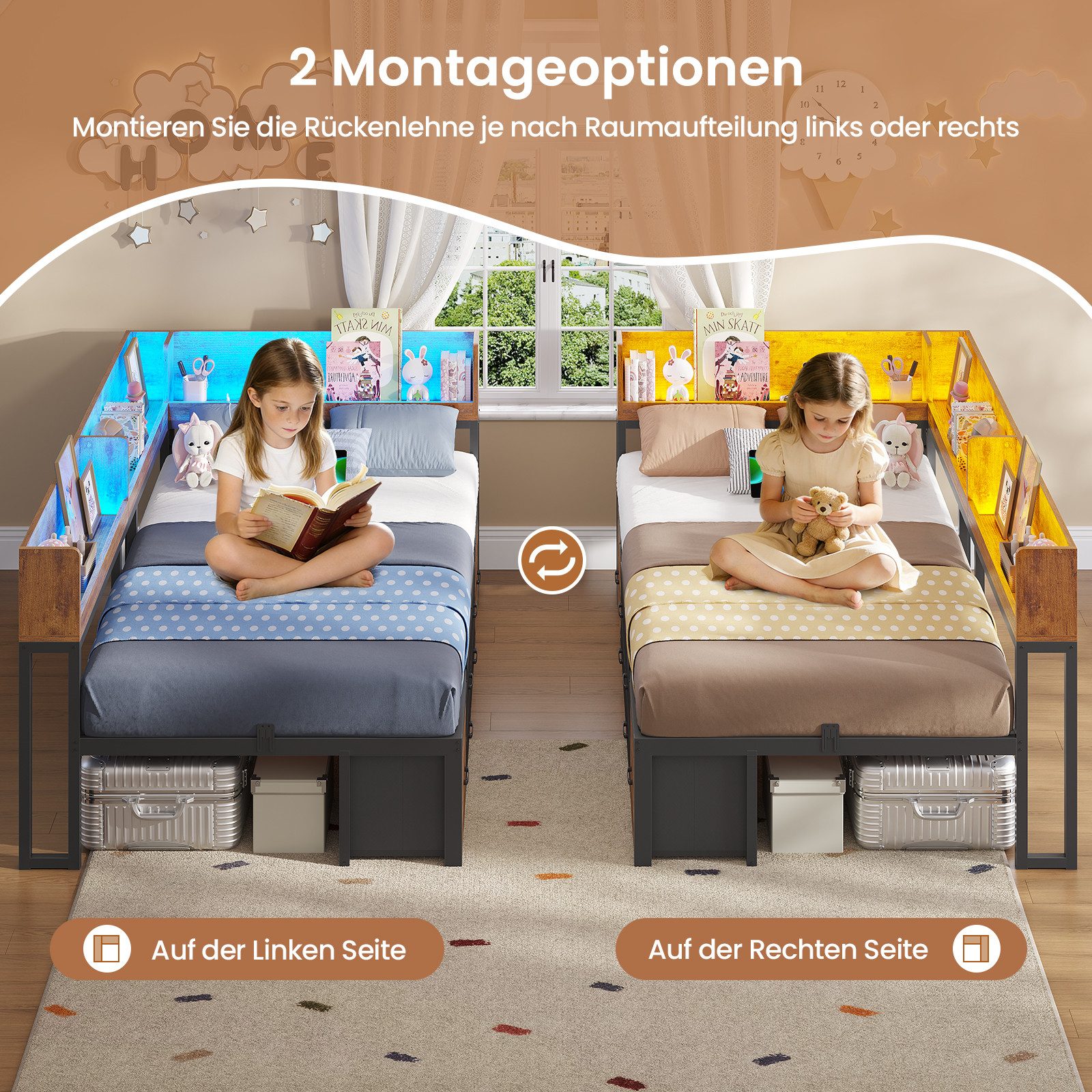 MSMASK Daybett Schlafsofa mit LED-Beleuchtung & Ladestation, Jugendbett Kinderbett, mit Integriertem Bücherregal & 6 Schubladen, 90x200cm – Bild 5 von 5