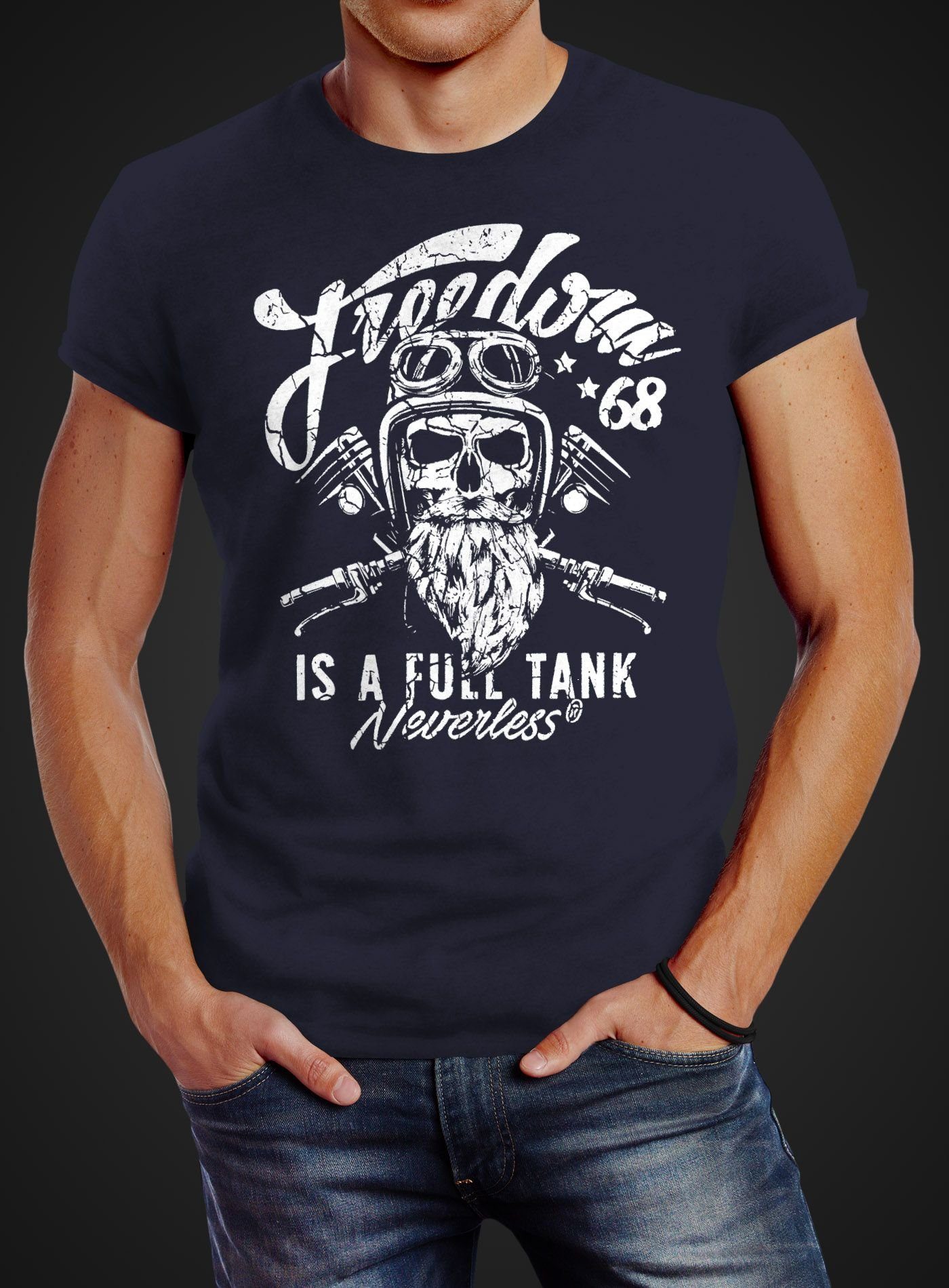 Herren Shirts Neverless Print-Shirt Herren T-Shirt Biker Motorrad Motiv Freedom is a full Tank Skull Totenkopf Slim Fit Neverles