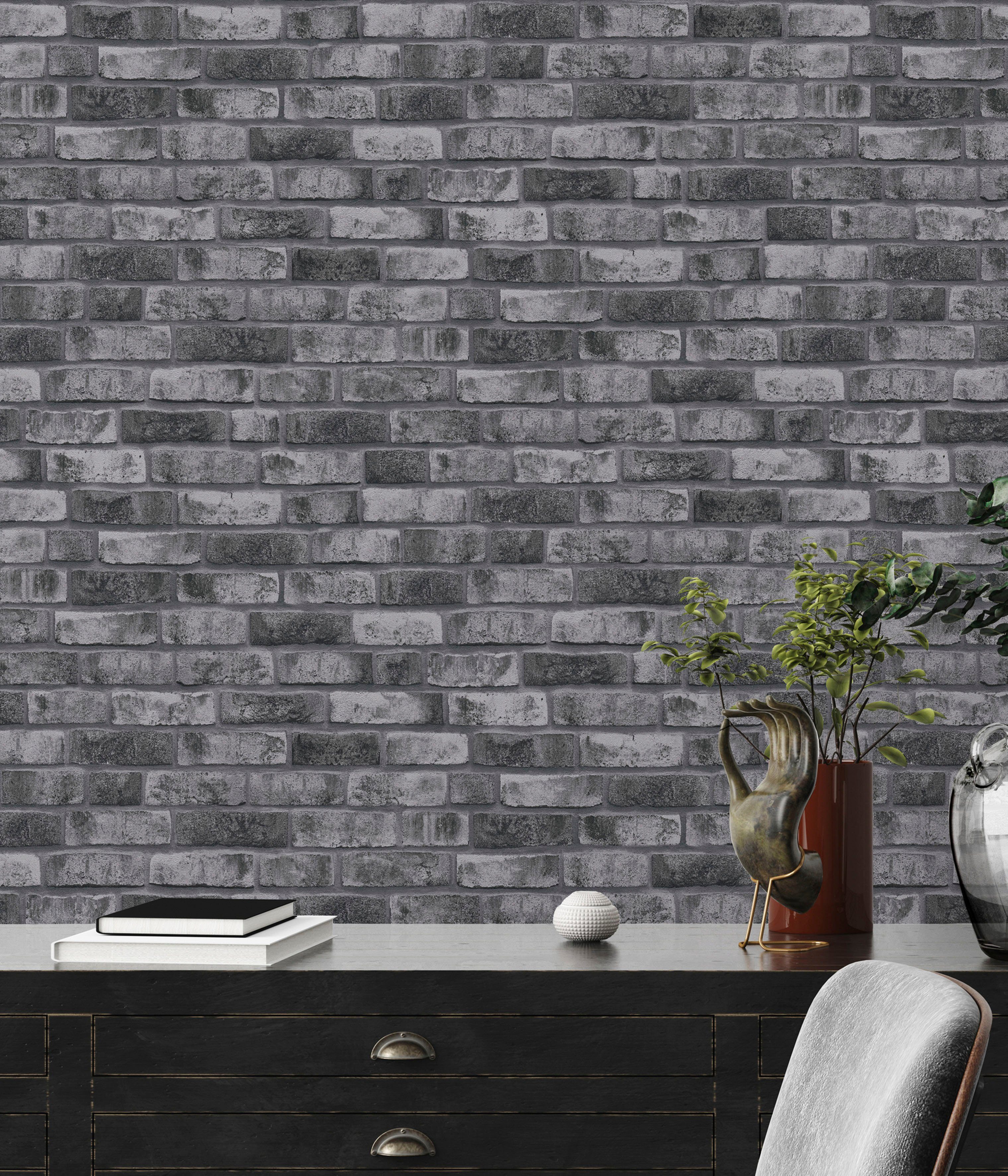 A.S. Création Vliestapete Bricks & Stones Backstein, leicht strukturiert, gemustert, matt, neutral, (1 St), Steintapete Tapeten Wohnzimmer Schlafzimmer Küche modern Design Optik