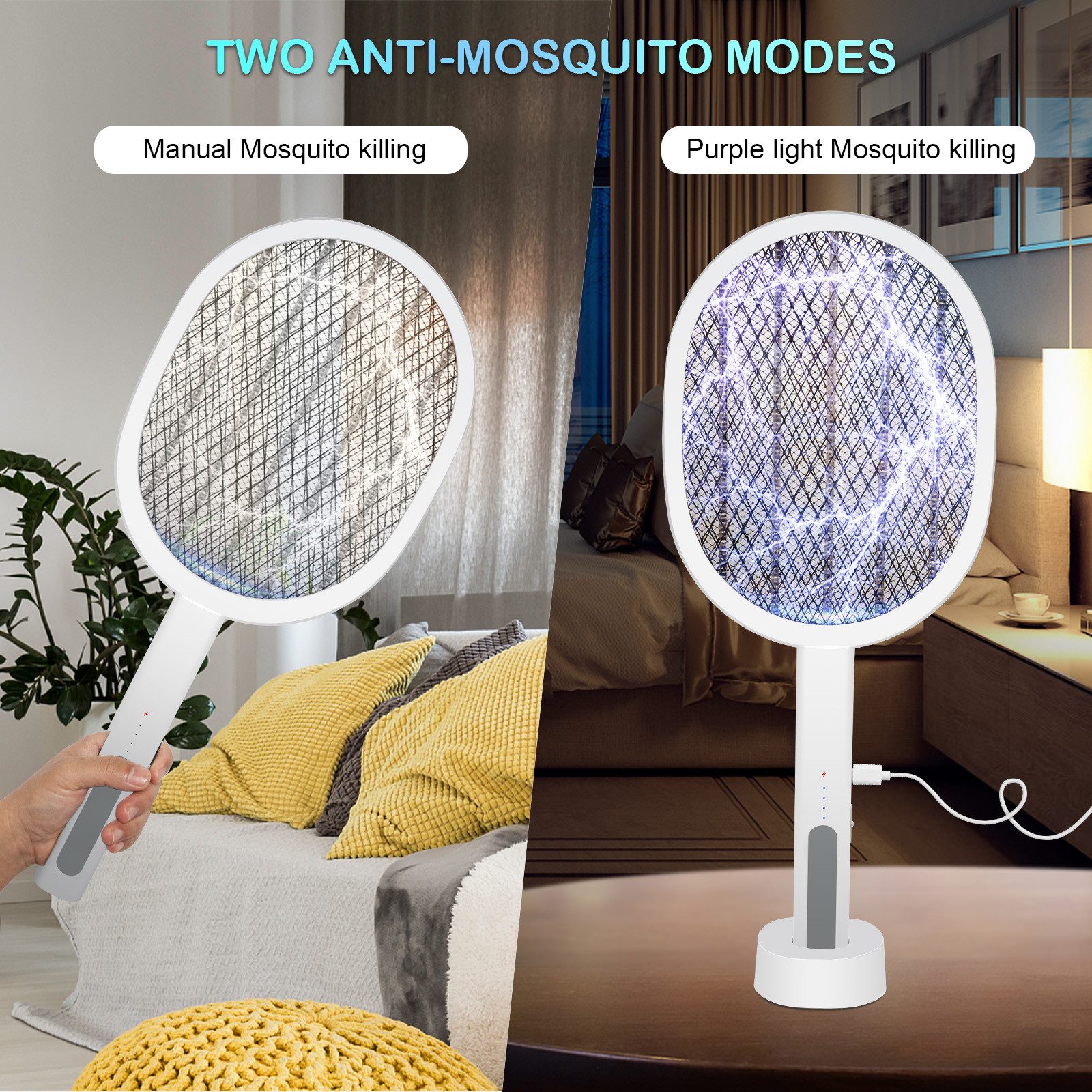 OZAVO Fliegenklatsche 1/2er Elektrische Fliegenklatsche, 3000V Fliegenklatsche Elektrisch, Aufladbar Elektro Mückenklatsche mit UV Lichtfalle Moskito Weiß