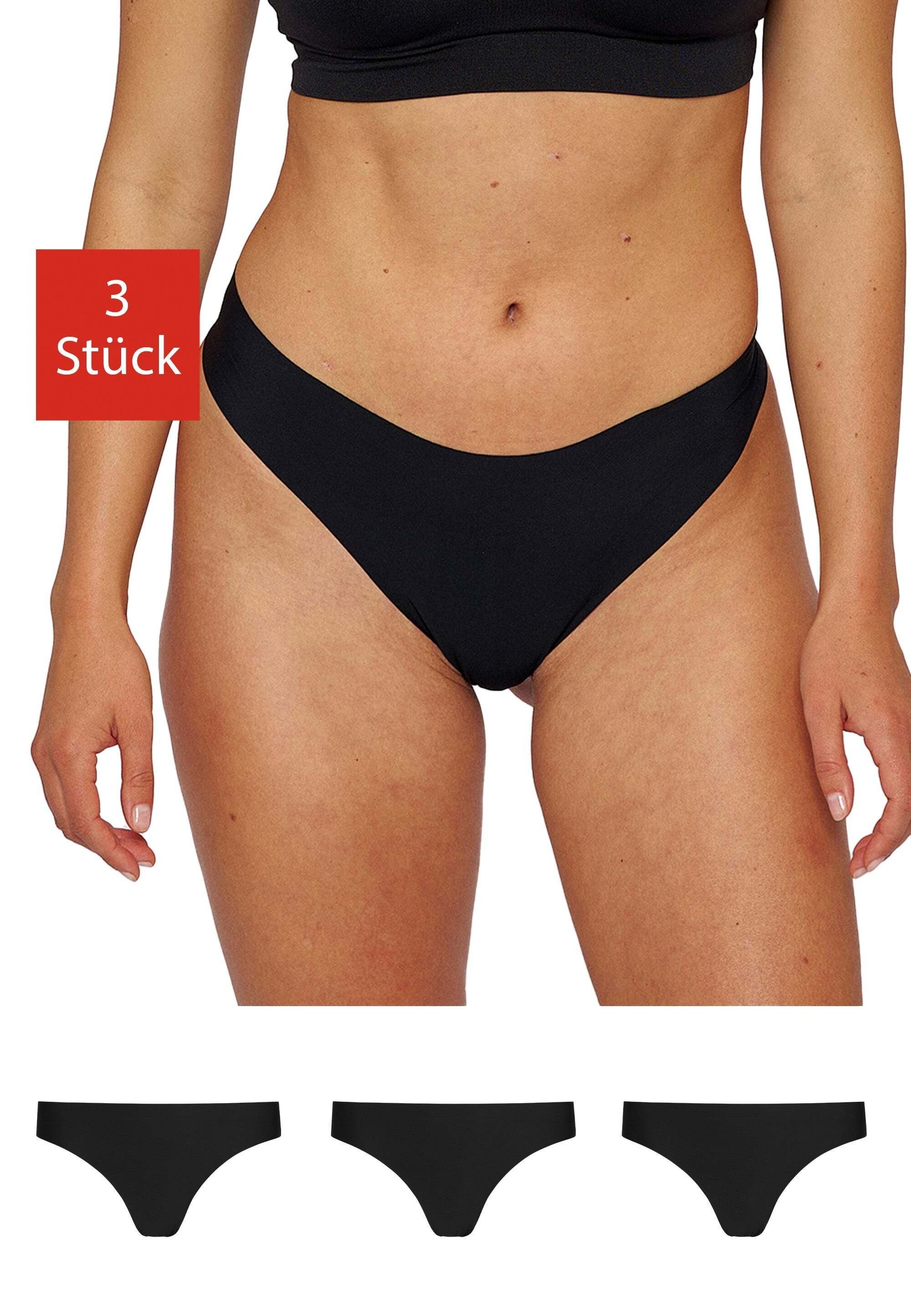 SNOCKS Tanga Slip aus Mikrofaser Damen Thong (3-St) ohne Nähte, unsichtbar unter deiner Kleidung Schwarz