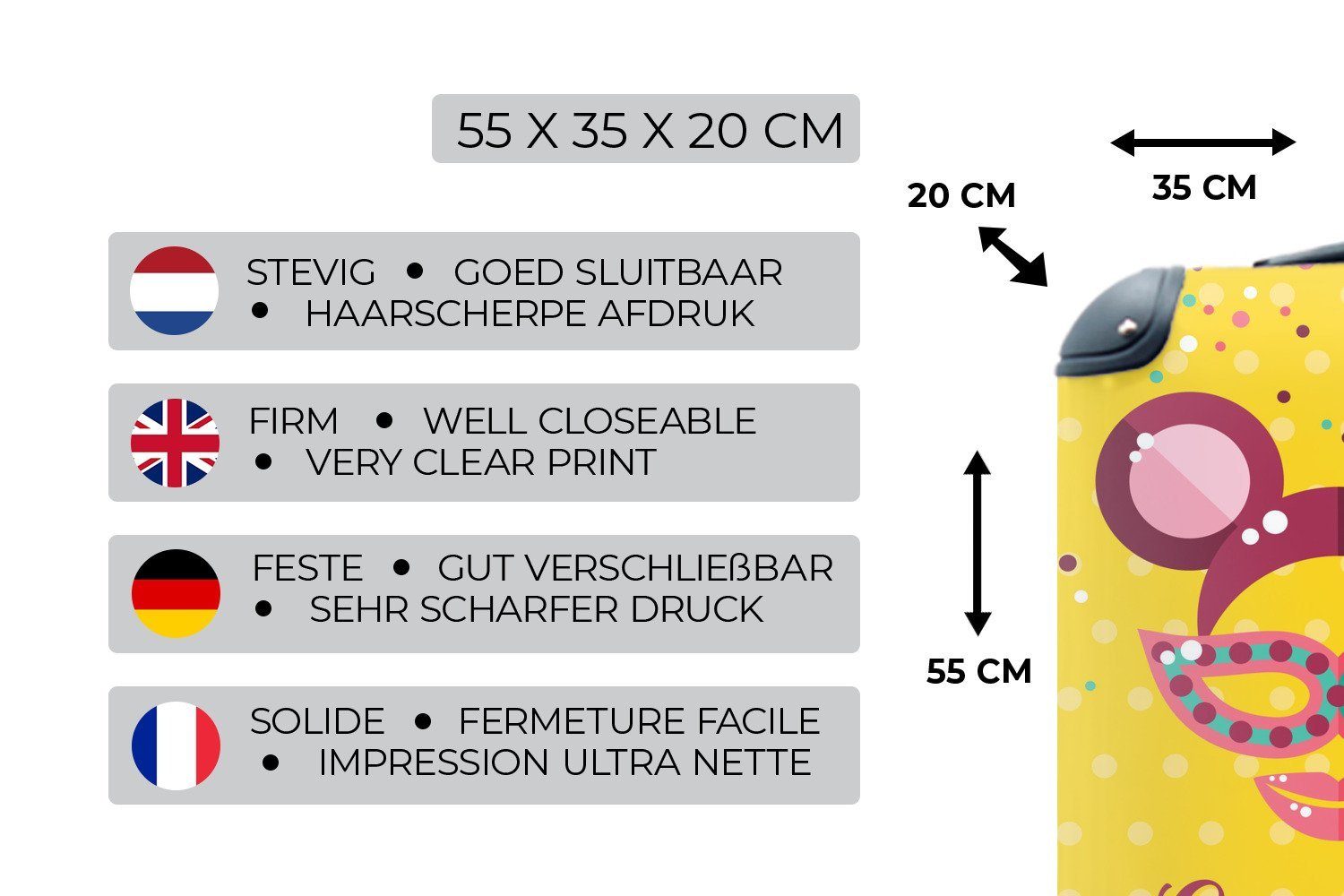 Reisekoffer MuchoWow Rollen, "Karneval" auf gelbem mit Ferien, Trolley, Handgepäck Reisetasche Maske Handgepäckkoffer Hintergrund, rollen, 4 mit für