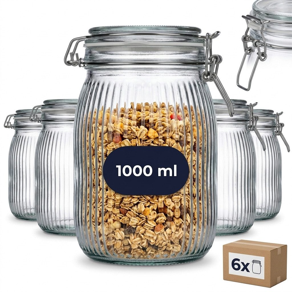 gouveo Vorratsglas geriffelt mit Bügelverschluss - Bügelgläser mit Muster, Glas, (6-tlg., 750 ml), dekorativ