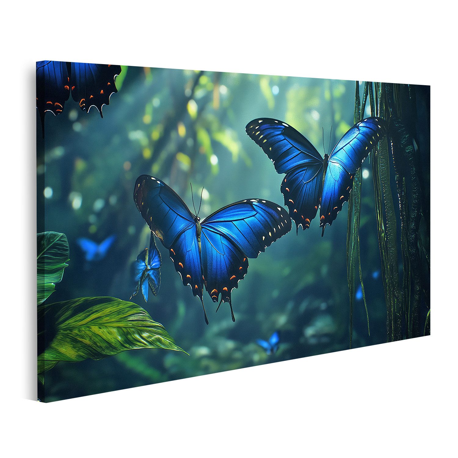 islandburner Leinwandbild, Blaue Schmetterlinge im Dschungellicht günstig online kaufen