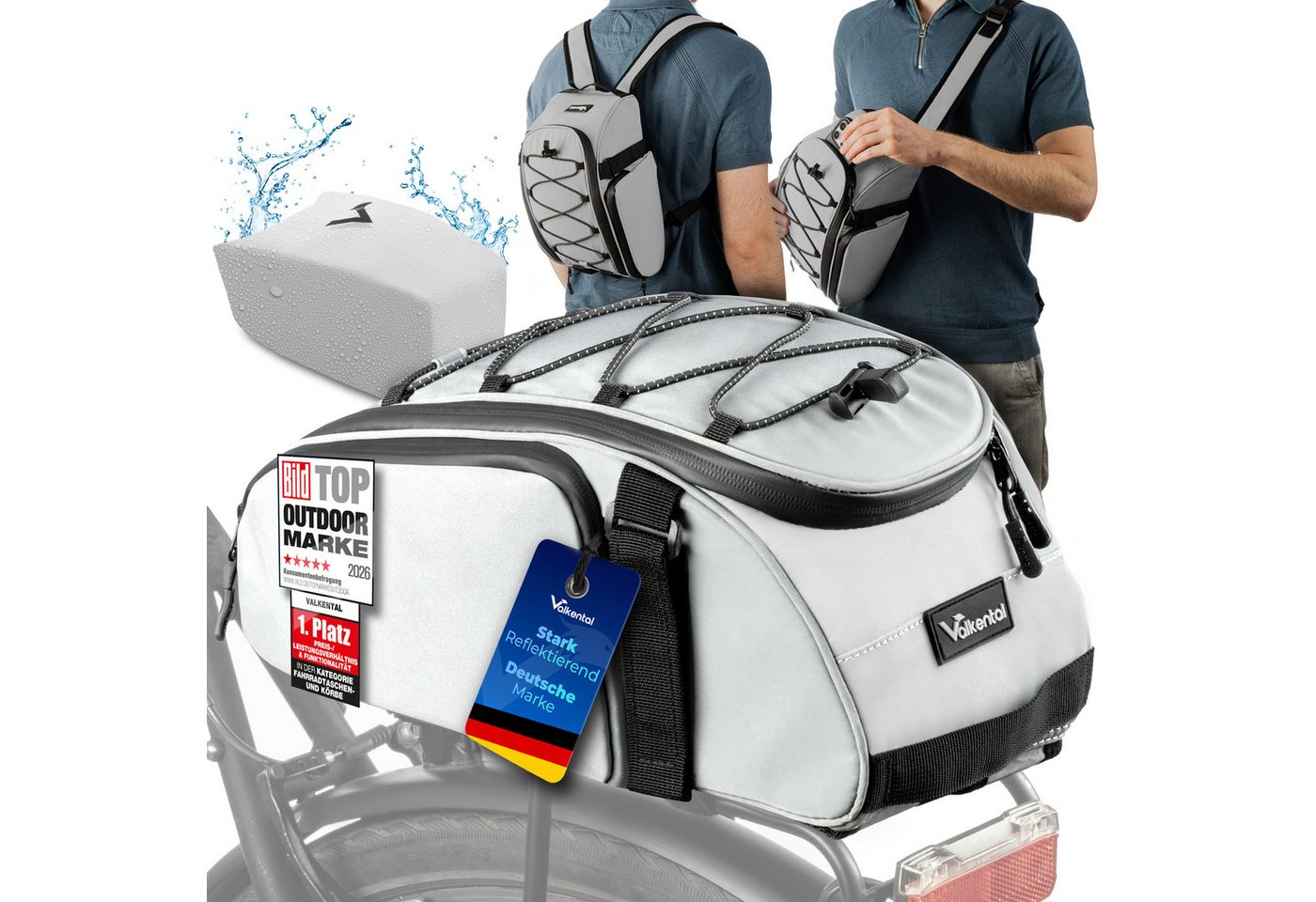 Valkental Gepäckträgertasche 3in1 Fahrradtasche Trunk Bag (mit Rucksackfunktion, und Tragegriff), wasserfest & reflektierend, 10L