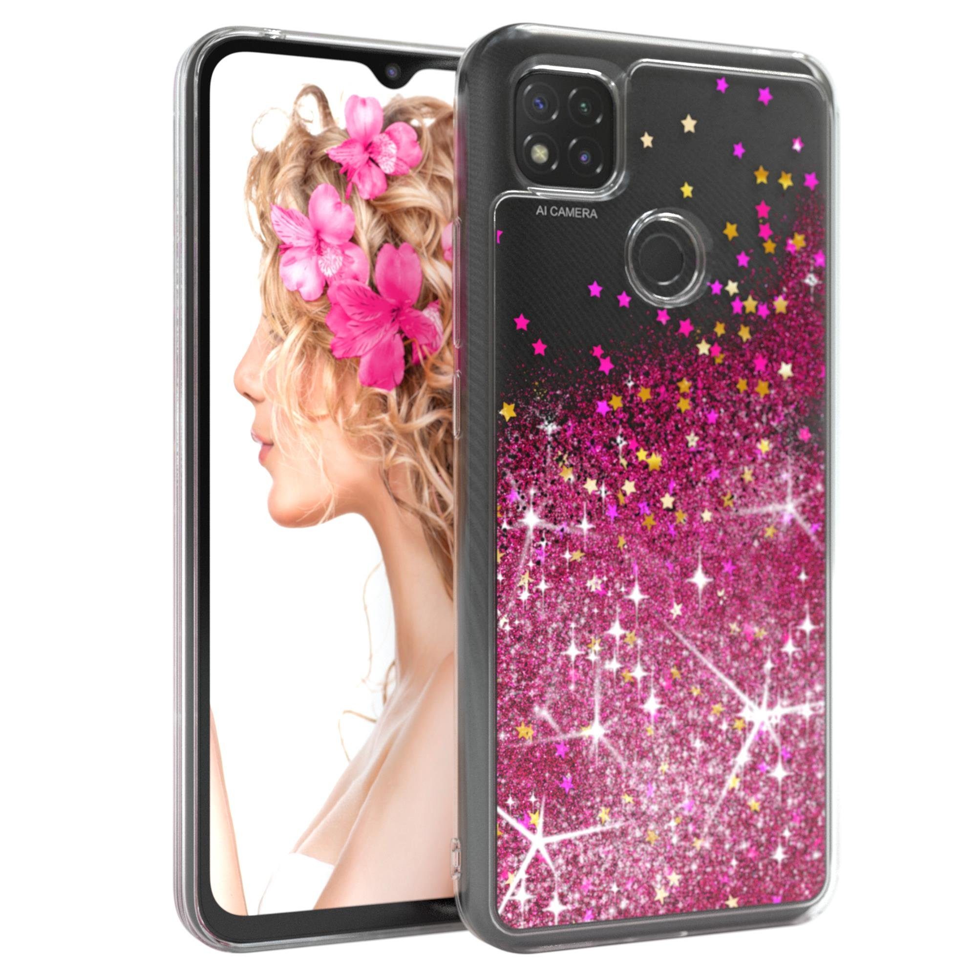 EAZY CASE Handyhülle Liquid Glittery Case für Xiaomi Redmi 9C 6,53 Zoll, Glitzerhülle Shiny Slimcover stoßfest Durchsichtig Bumper Case Pink