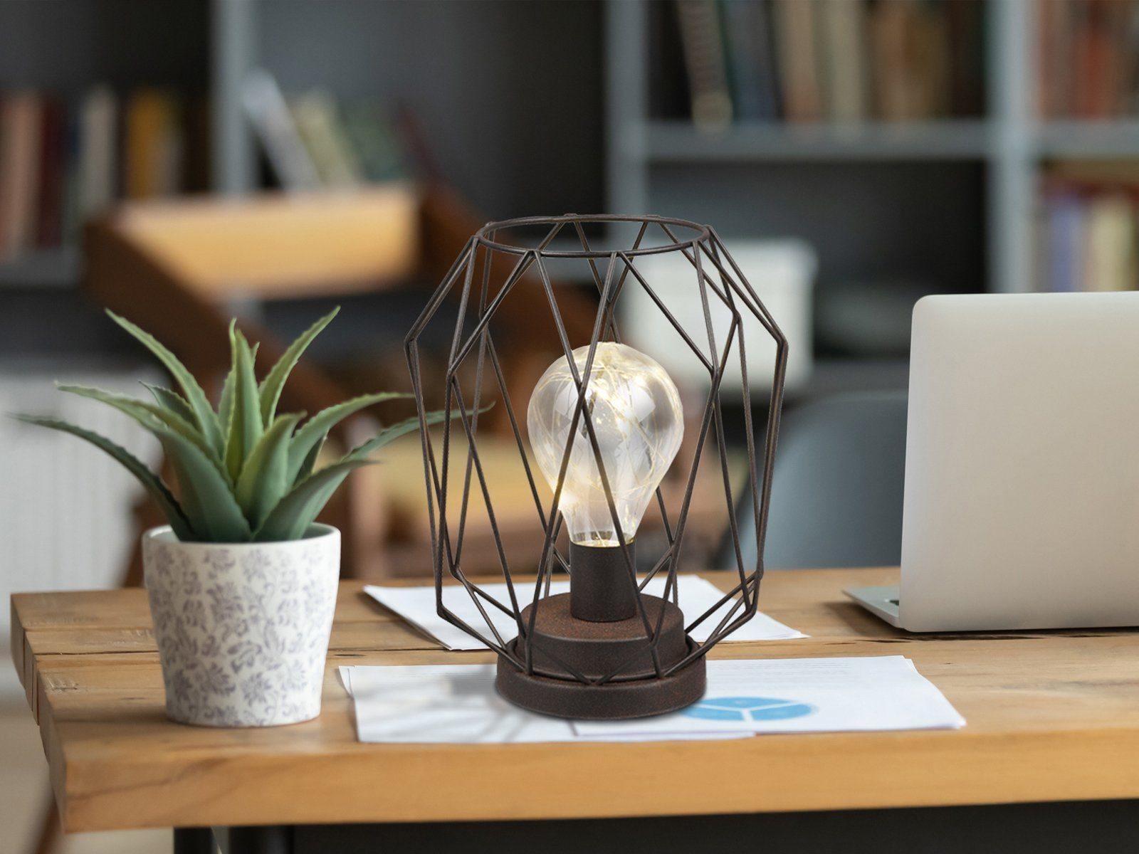 meineWunschleuchte LED Tischleuchte, LED fest integriert, warmweiß, kleine kabellos-e Industrial Draht-lampe Batteriebetrieb-en Höhe 21cm