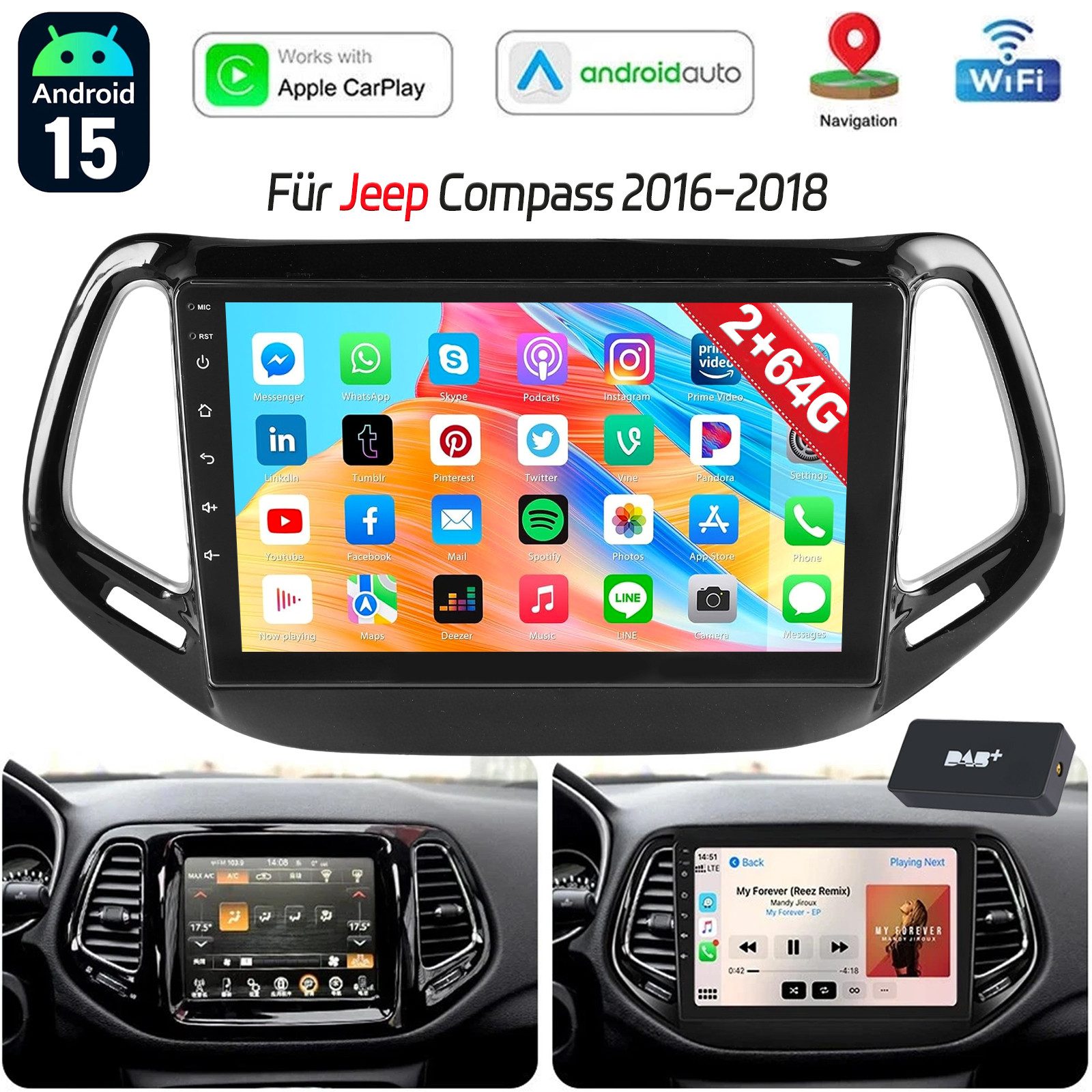 ESSGOO Für Jeep Compass 2017-2020 Android 15.0 Autoradio Carplay NAVI FM SWC Autoradio (DAB+ (optional), DAB (optional), 4+64GB(optional), RDS, AM, FM, Carplay Android Auto Bluetooth EQ USB GPS Navi WIFI Touchscreen)