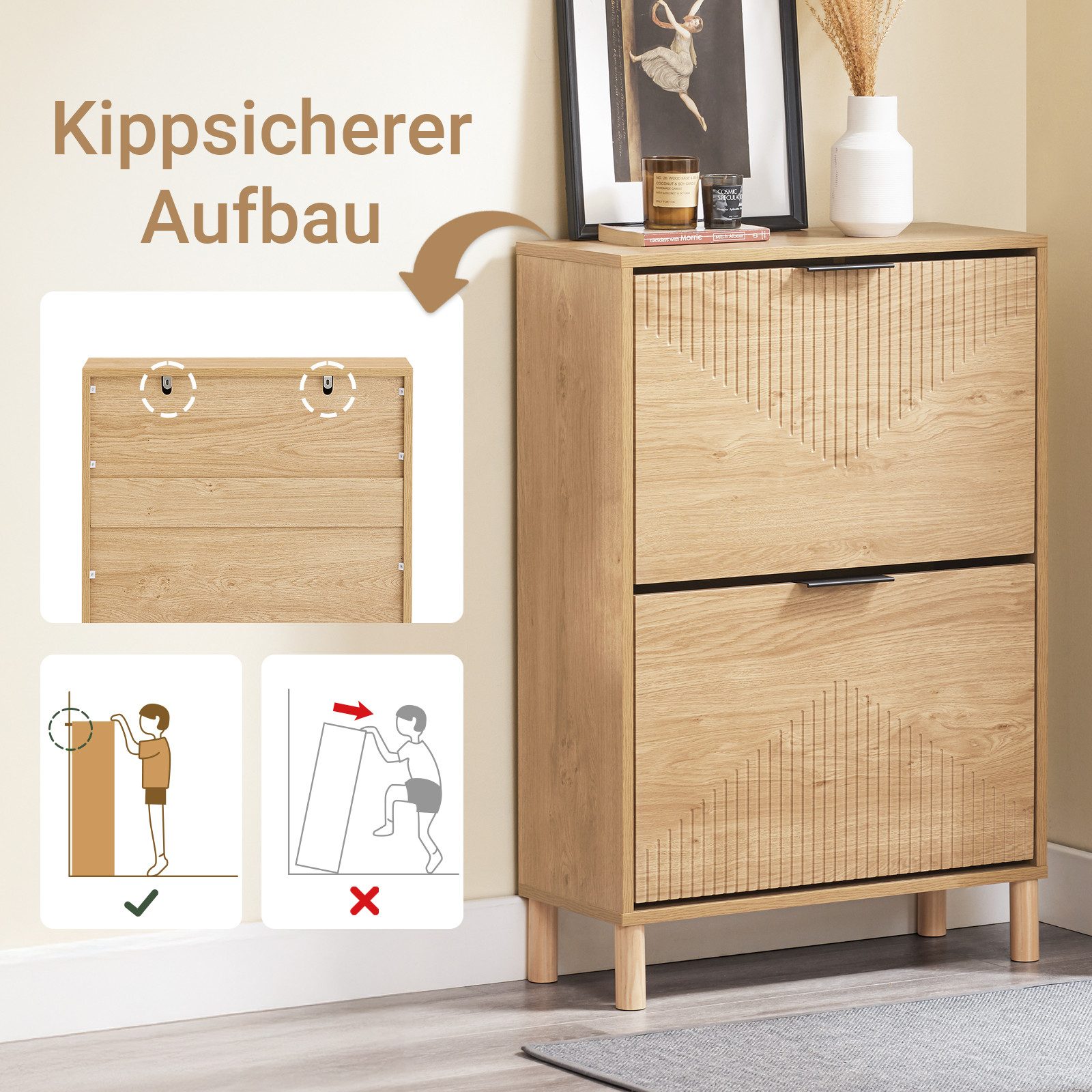 SoBuy Schuhschrank FSR200, Schuhschrank schmal, Schuhkipper Schuhkommode Holz, Kippschutz Schuhregal, mit 2 Klappen, verstellbaren Böden, für 8 Paar Schuhe