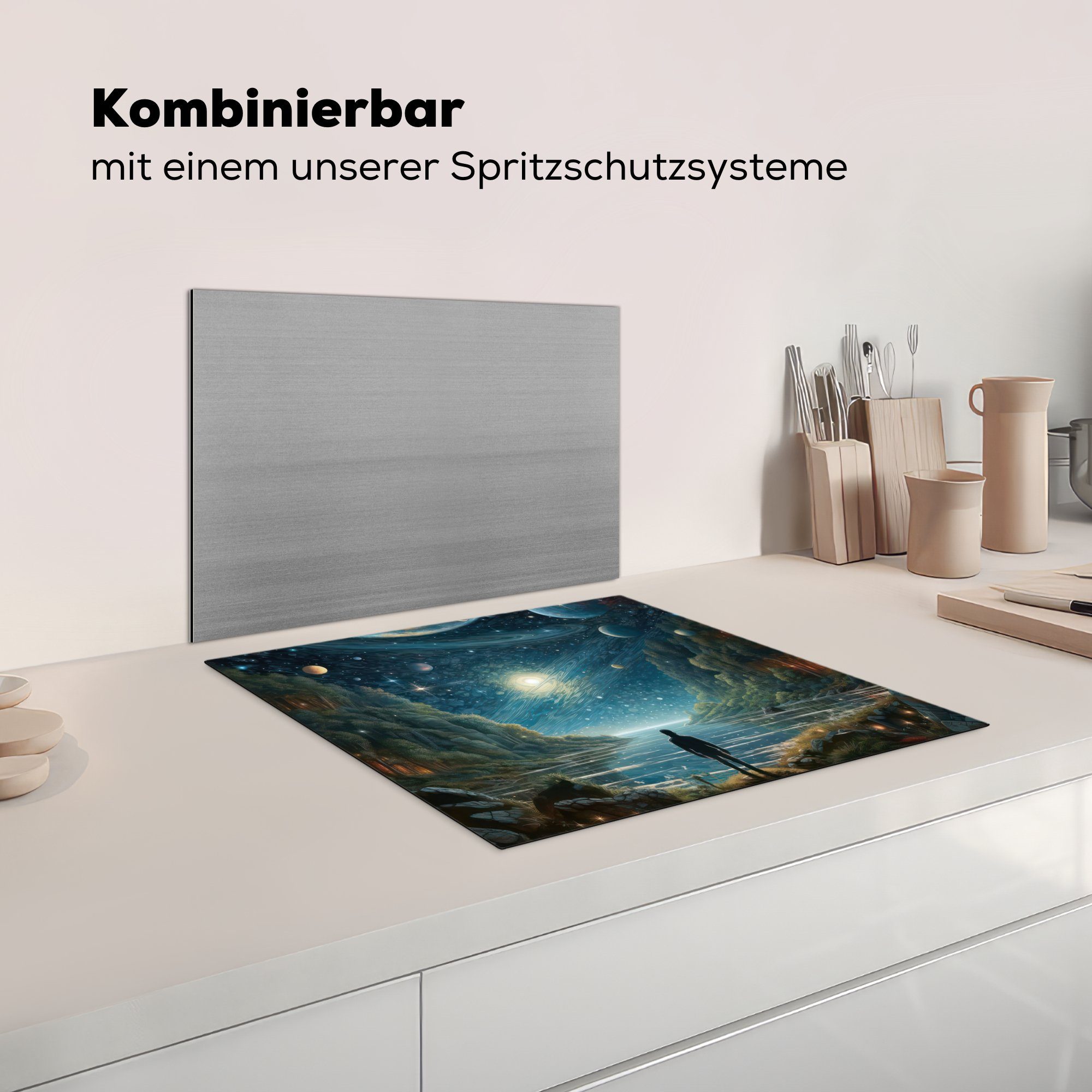 Wasser - - - Berge Mond (1 MuchoWow Herdblende-/Abdeckplatte nutzbar, tlg), Sterne, 60x52 cm, Mobile Ceranfeldabdeckung Arbeitsfläche Vinyl,