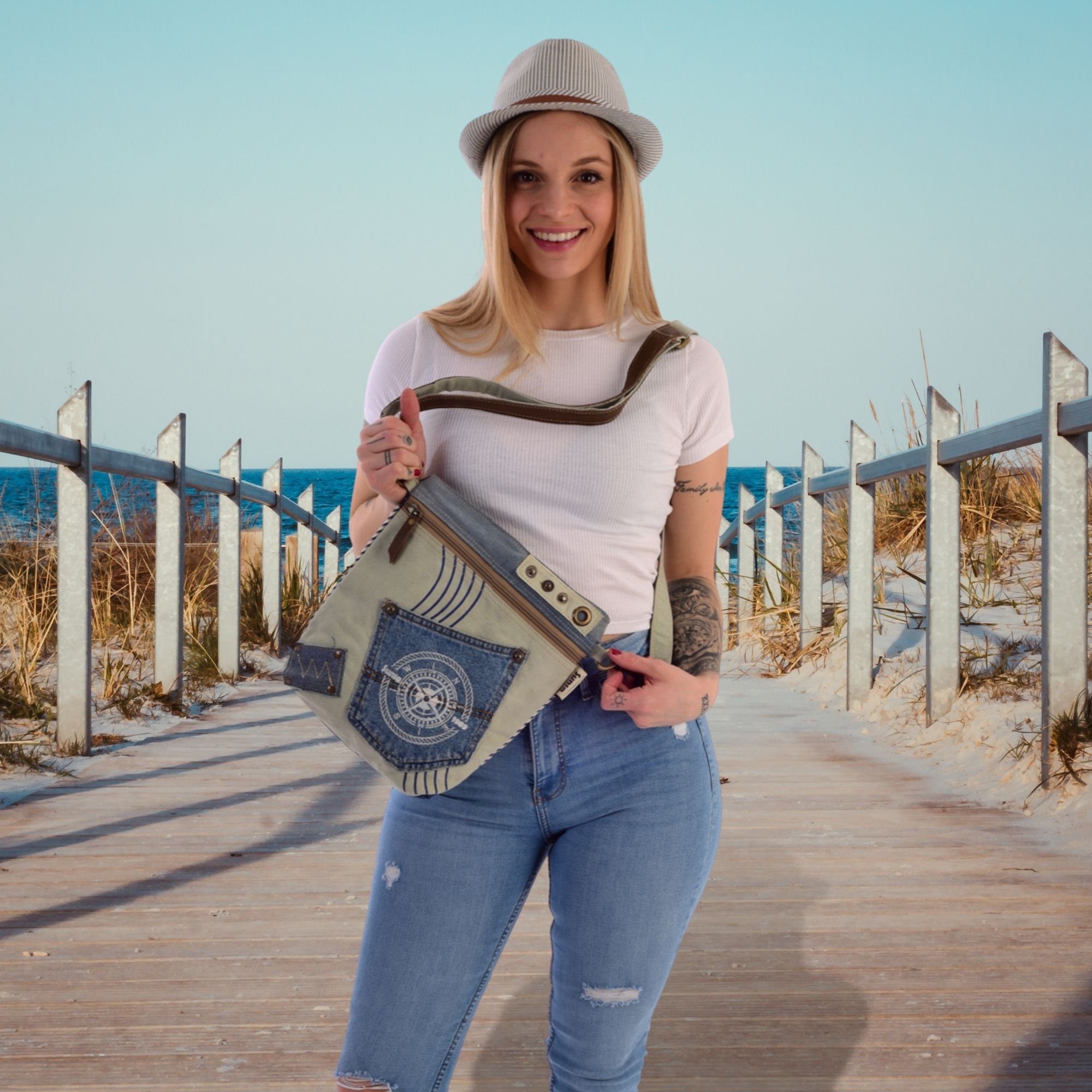 Umhängetasche Maritim Tasche recycelte Meerleibhaber. Canvas Crossbody für aus Jeans Damen und Sunsa Umhängetasche