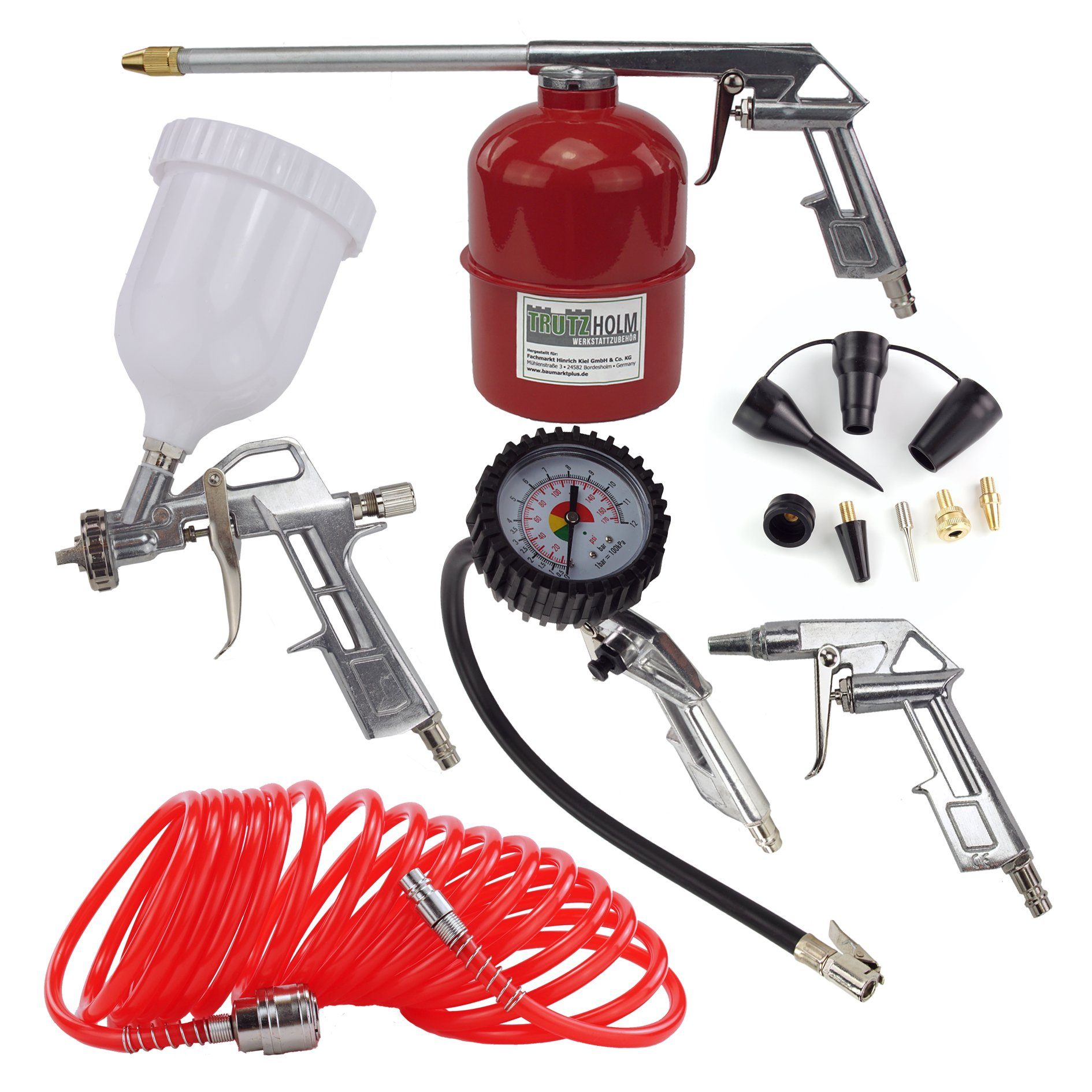 TRUTZHOLM Компрессоры-Set Reifenfüller Ausblaspistole Farbspritzpistole 13 tlg. Druckluftzubehör, Set, 13-tlg., inkl. 5 Meter Spiralschlauch mit Knickschutz