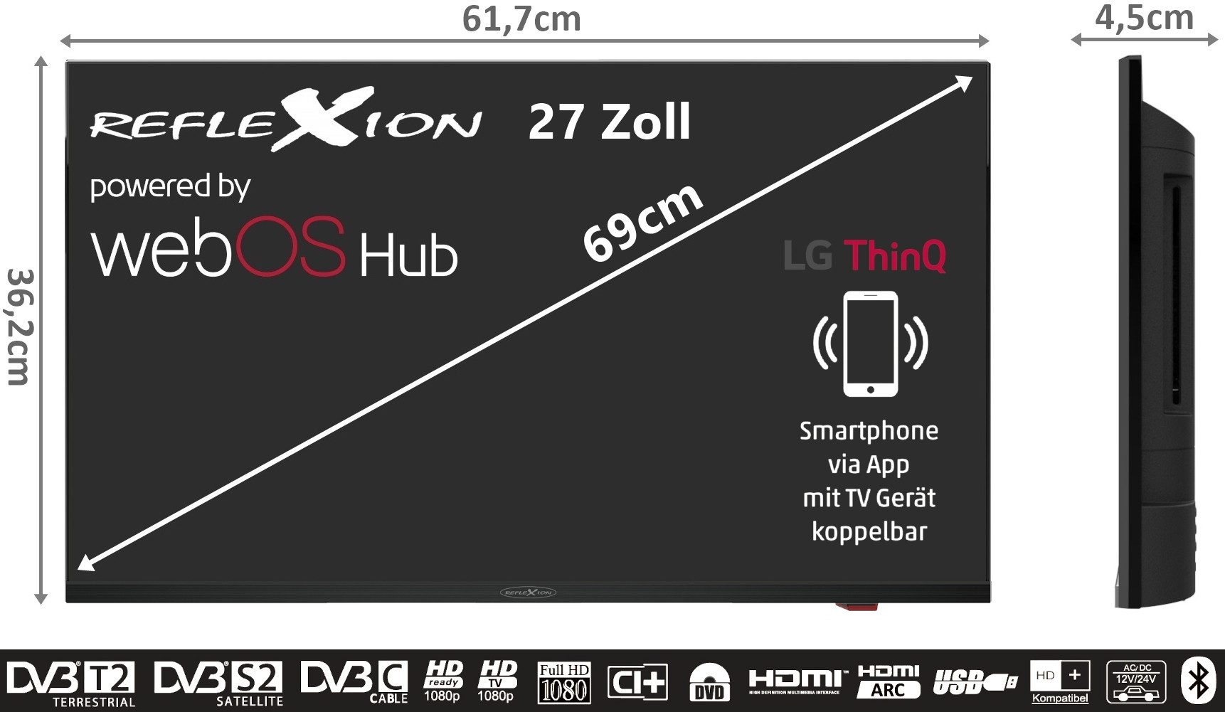 LDDX27iBT 69 cm (27") LCD-TV mit DVD-Spieler schwarz, Full HD, Smart-TV, DVB-T2/DVB-C/DVB-S2 silber