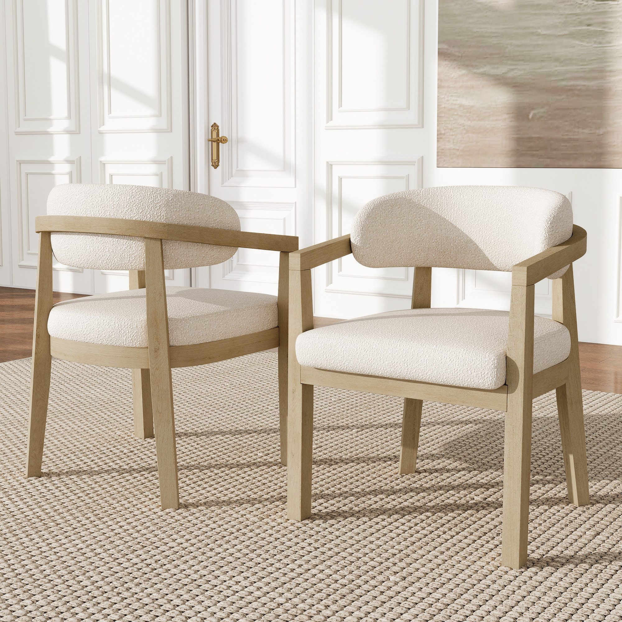 Flieks Esszimmerstuhl Gestell aus Massivholz, Bezug aus Bouclé-Stoff (Set, 2 St), 2er Set Polsterstühle Armlehnenstühle Wohnzimmerstuhl Beige