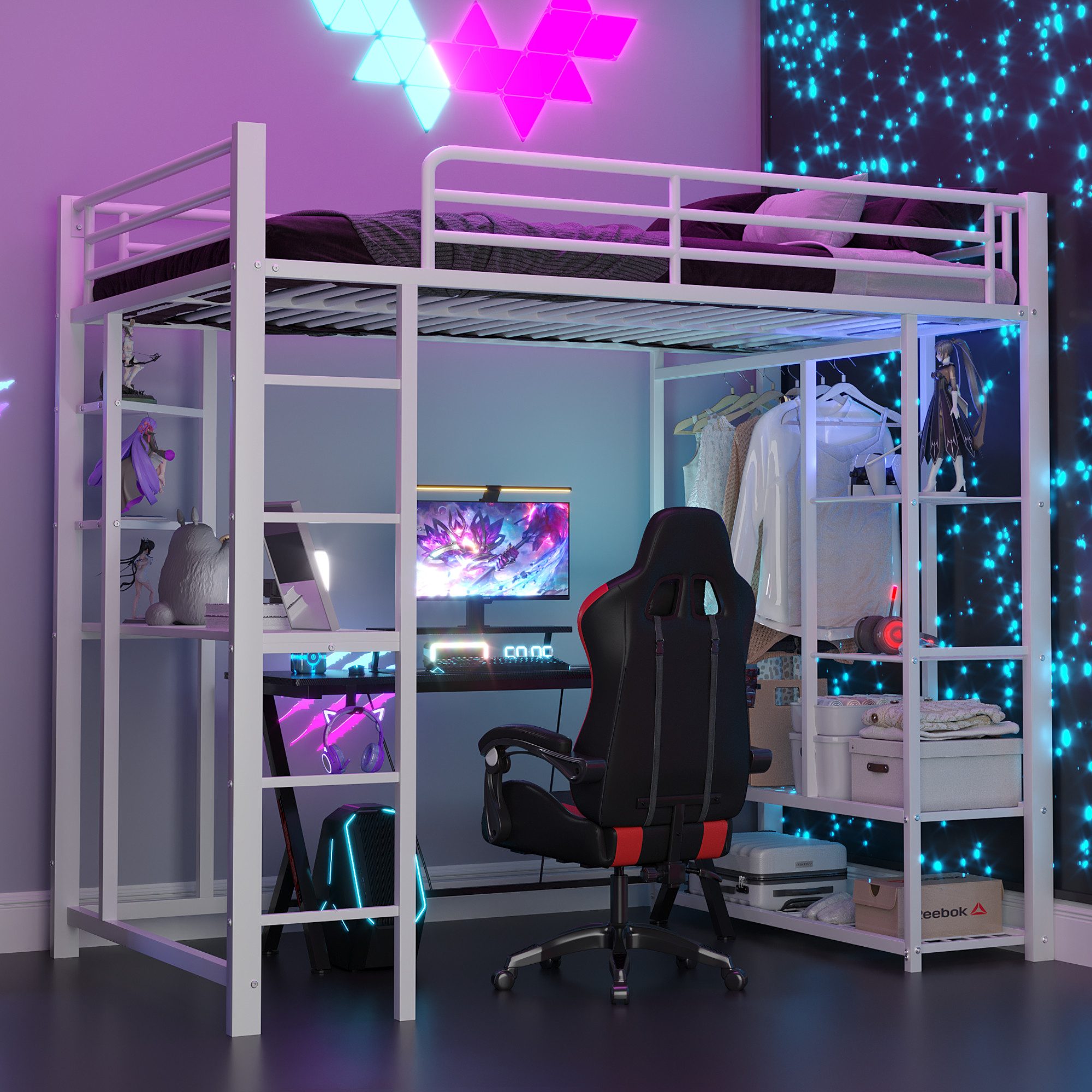 Flieks Hochbett Kinderbett Metallbett 90x200cm mit Tisch und Stauraum günstig online kaufen